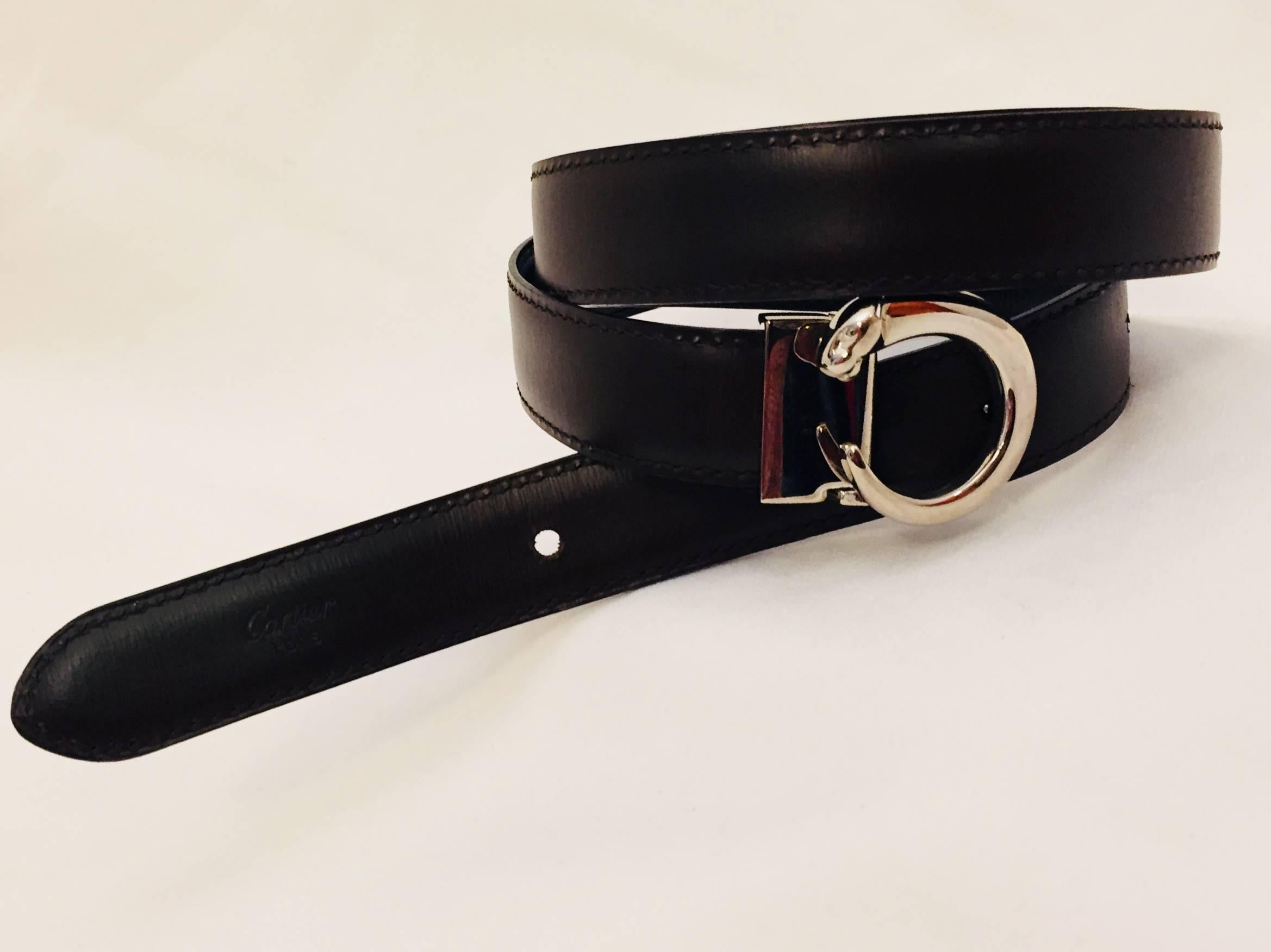 Women's Cartier Silver Tone Panther Buckle and Reversible Black / Brown Leather Belt 