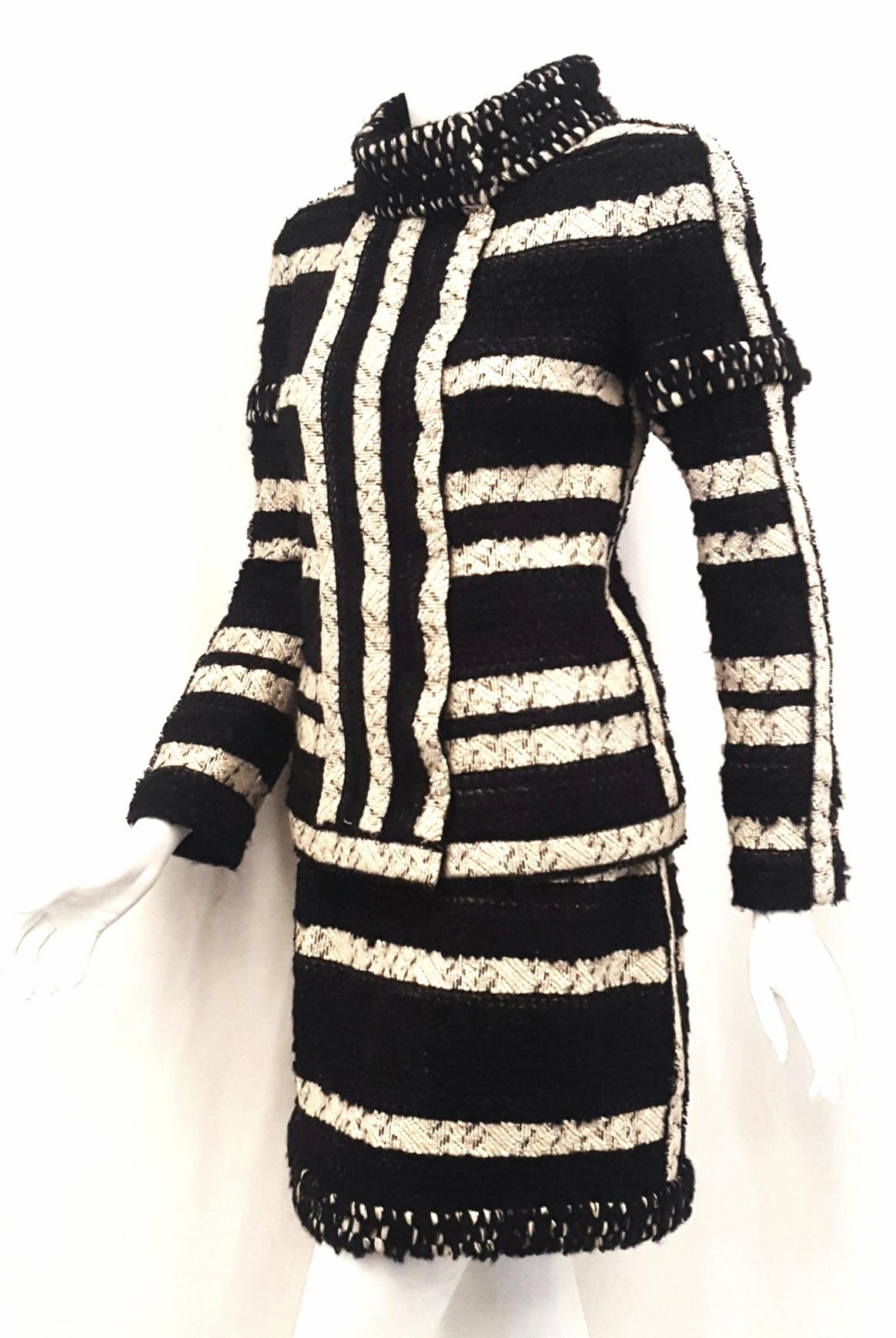 Women's Chanel Black and Beige Stripe Design Skirt Suit W/ Metallic Threads Autumn 2009 