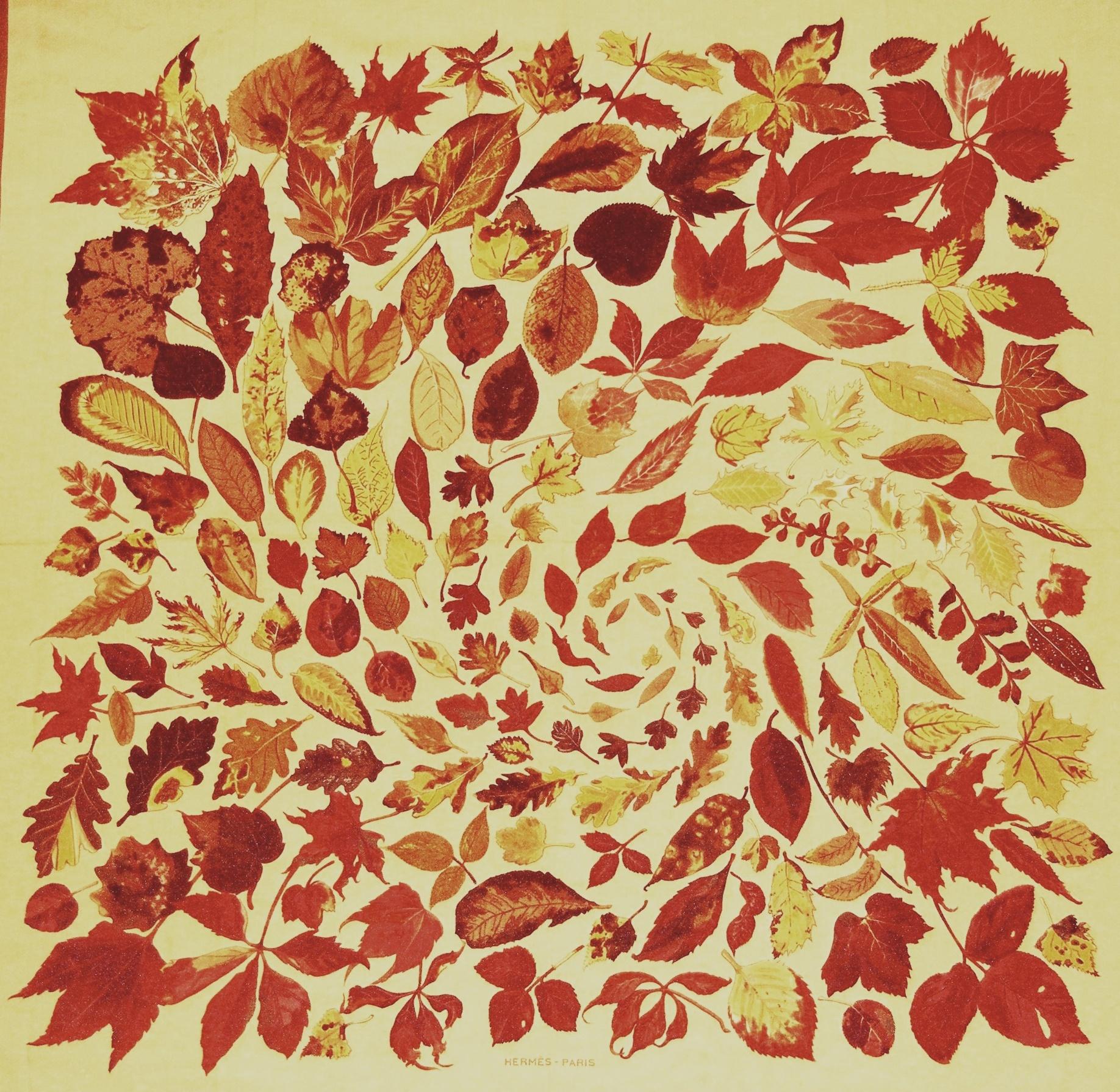 Hermes Tourbillon cashmere and silk large scarf/shawl in the fall orange, green, copper and red colors is the perfect accessory for this season! Created by Christiane Vauzelles for Hermes in 1968 and later reissued, due to its popularity, several
