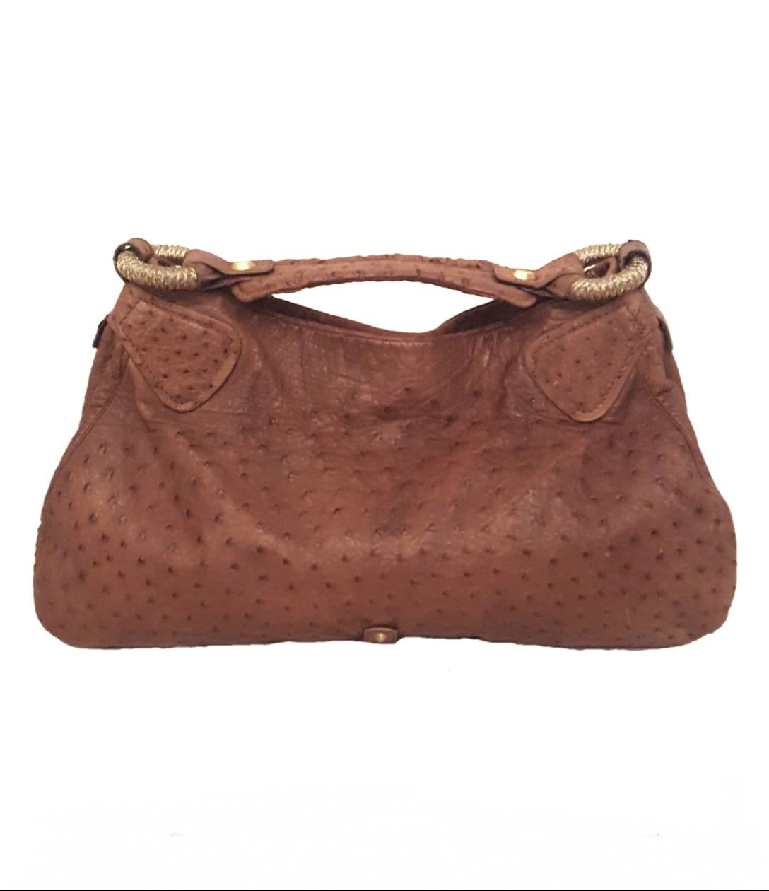 Brown Nuti Taupe Sevillana Ostrich Leather Hobo Bag For Sale