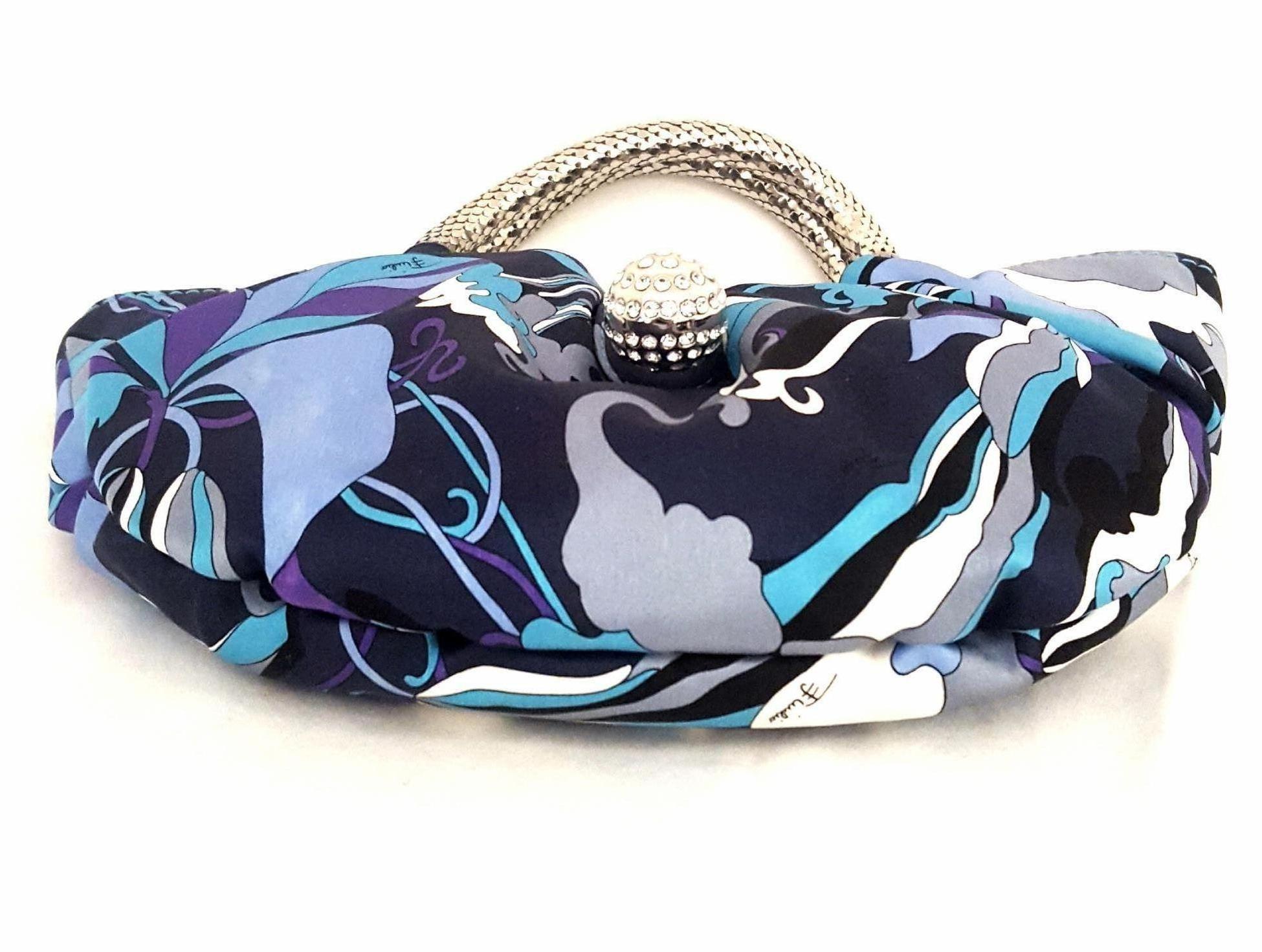 Women's Emilio Pucci Blue Abstract Print Evening Bag With Silver Tone Crystal Closure  For Sale
