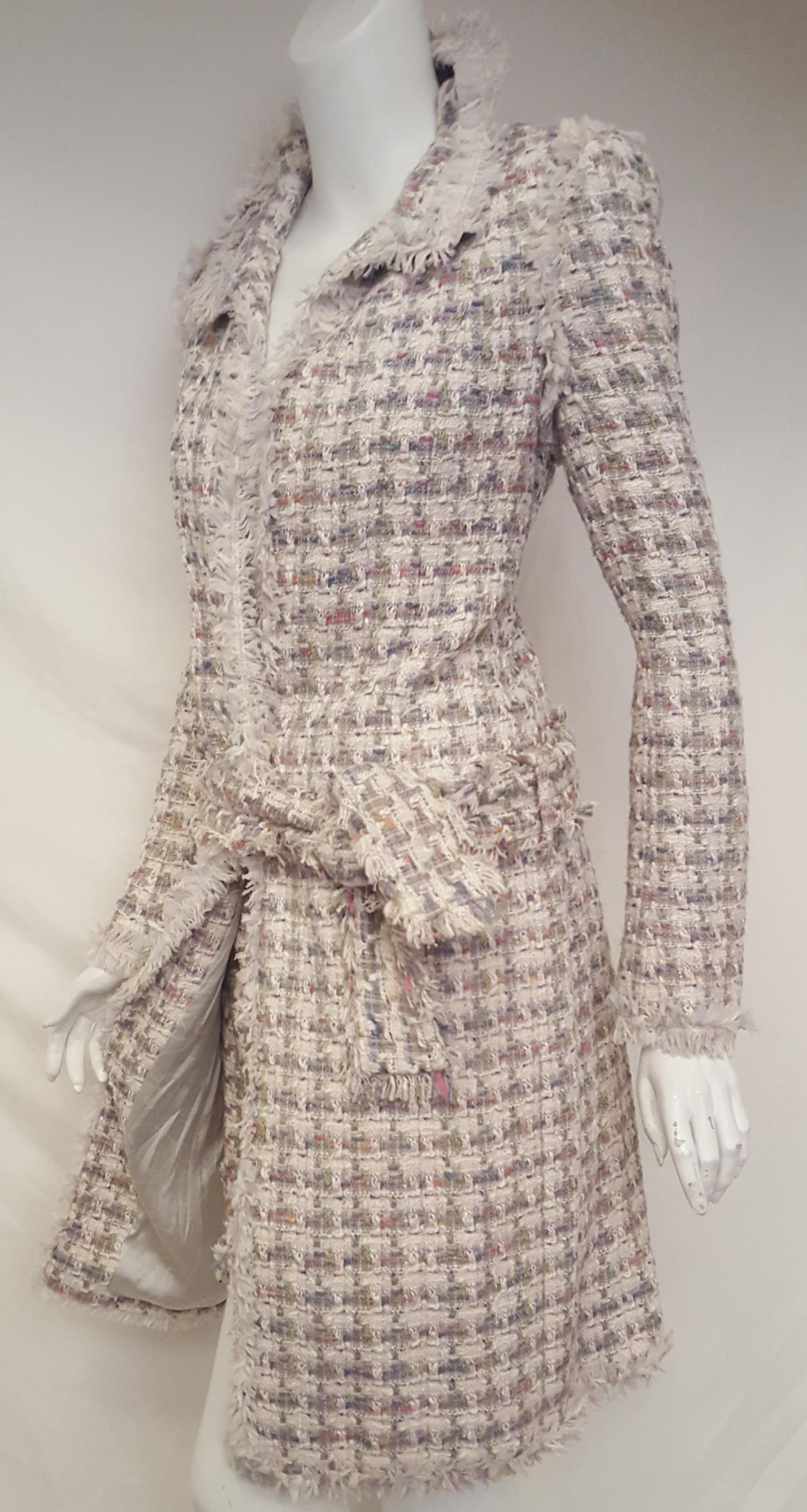 Chanel Multi Color Signature Fringed Fantasy Tweed Spring  2004  Belted Coat In Excellent Condition In Palm Beach, FL