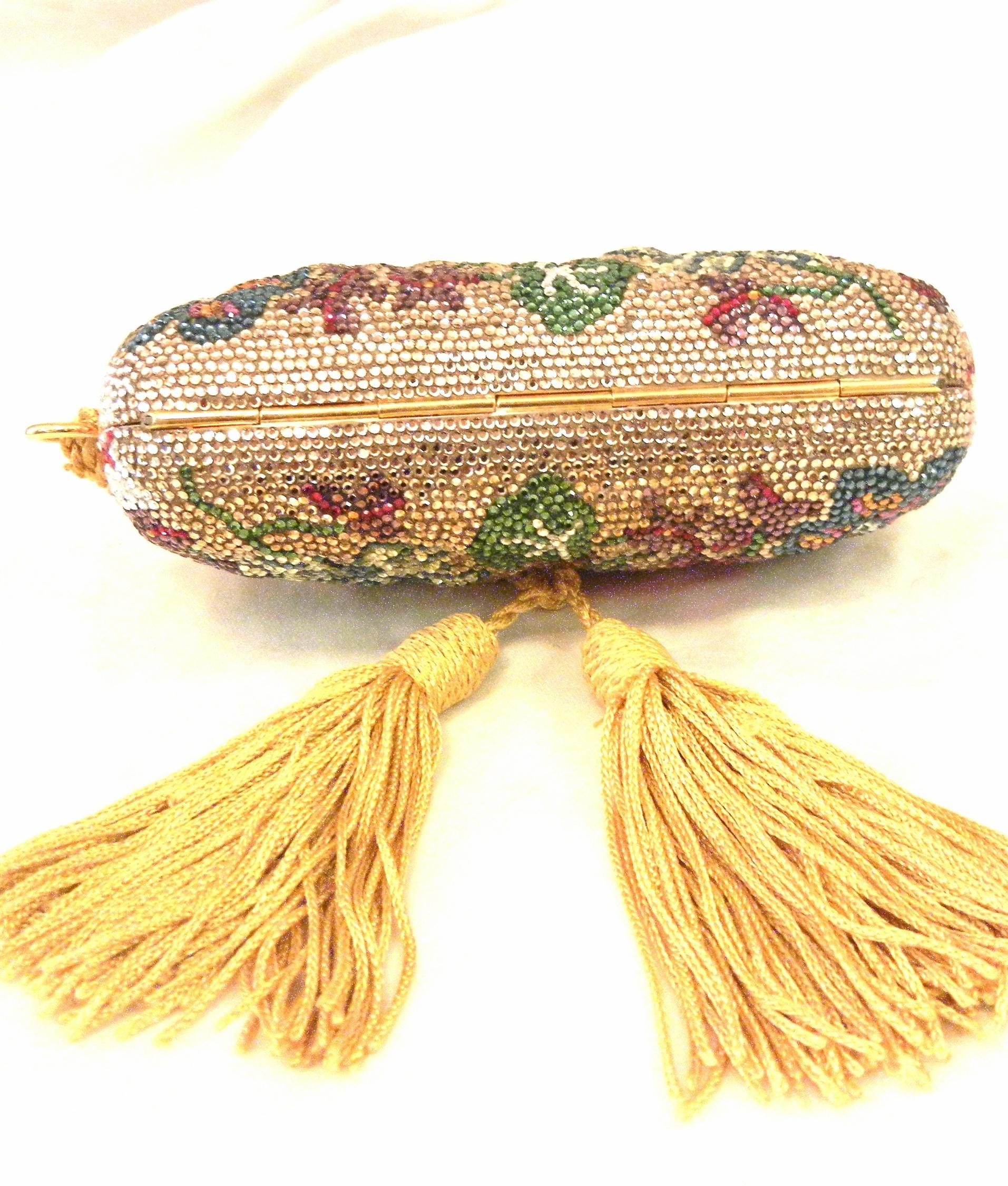 Women's Judith Leiber Swarovski Crystal Floral Print Mini Minaudiere W/ Tassel Rope Bag