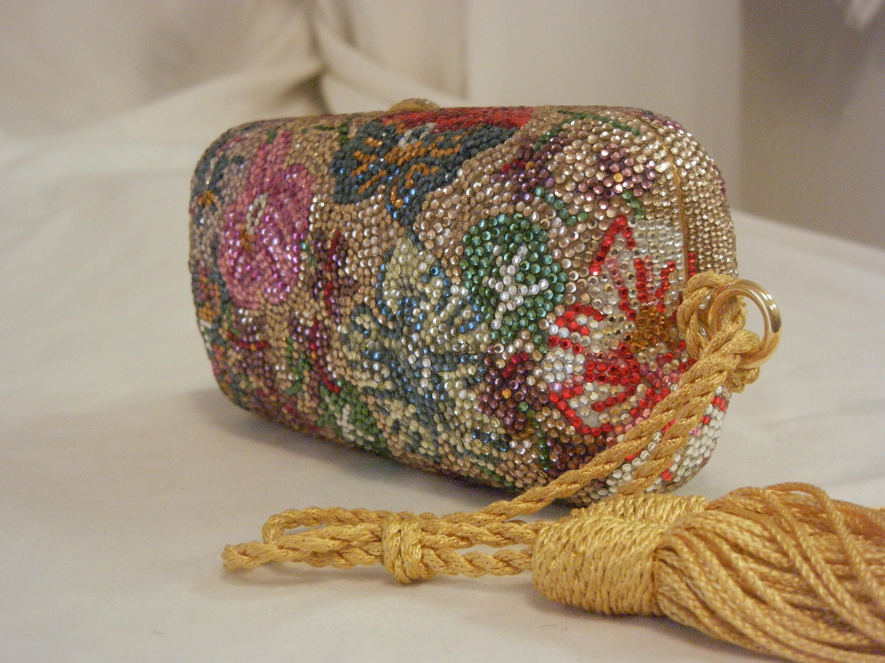 Judith Leiber Swarovski Crystal Floral Print Mini Minaudiere W/ Tassel Rope Bag In Excellent Condition In Palm Beach, FL