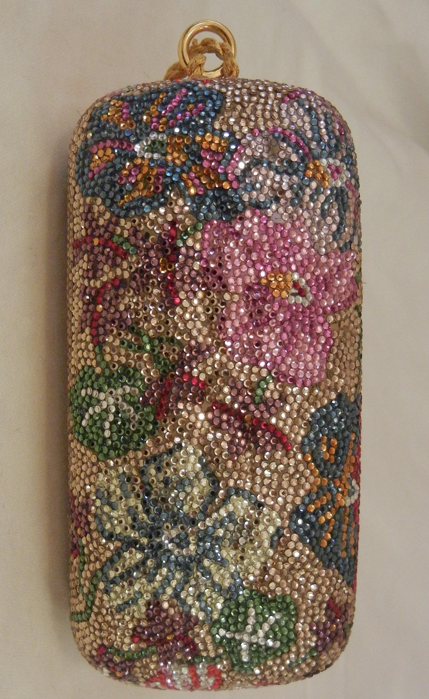 Orange Judith Leiber Swarovski Crystal Floral Print Mini Minaudiere W/ Tassel Rope Bag