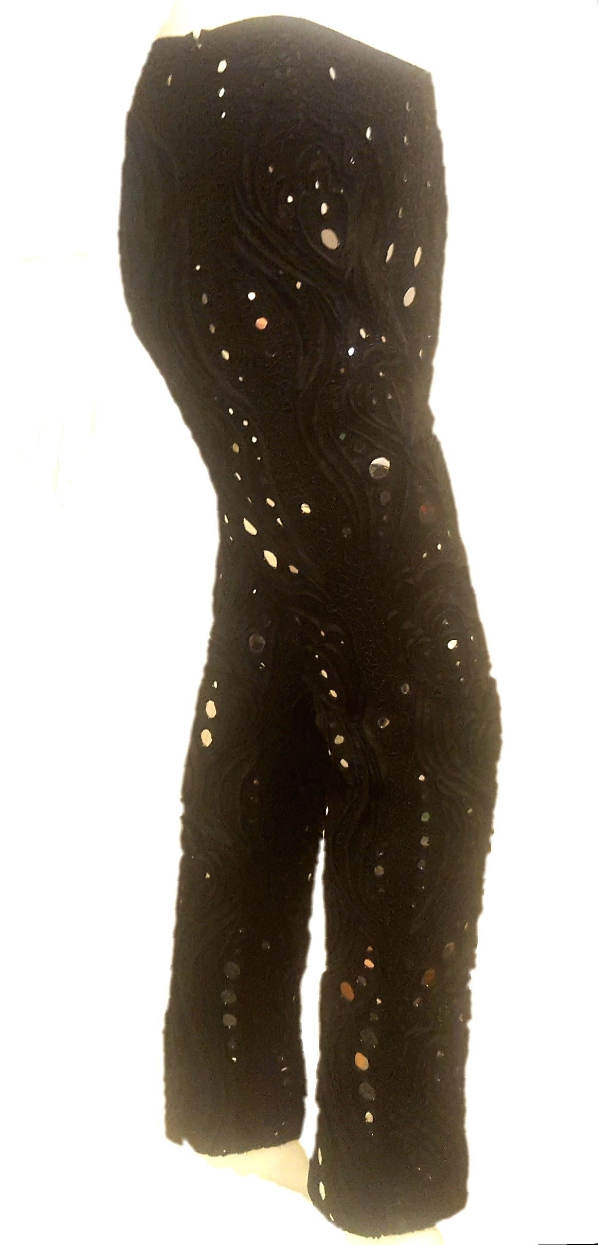 Women's Emilio Pucci Black Mirrored, Embroidered & Beaded Flared Silk Blend 2011 Slacks 