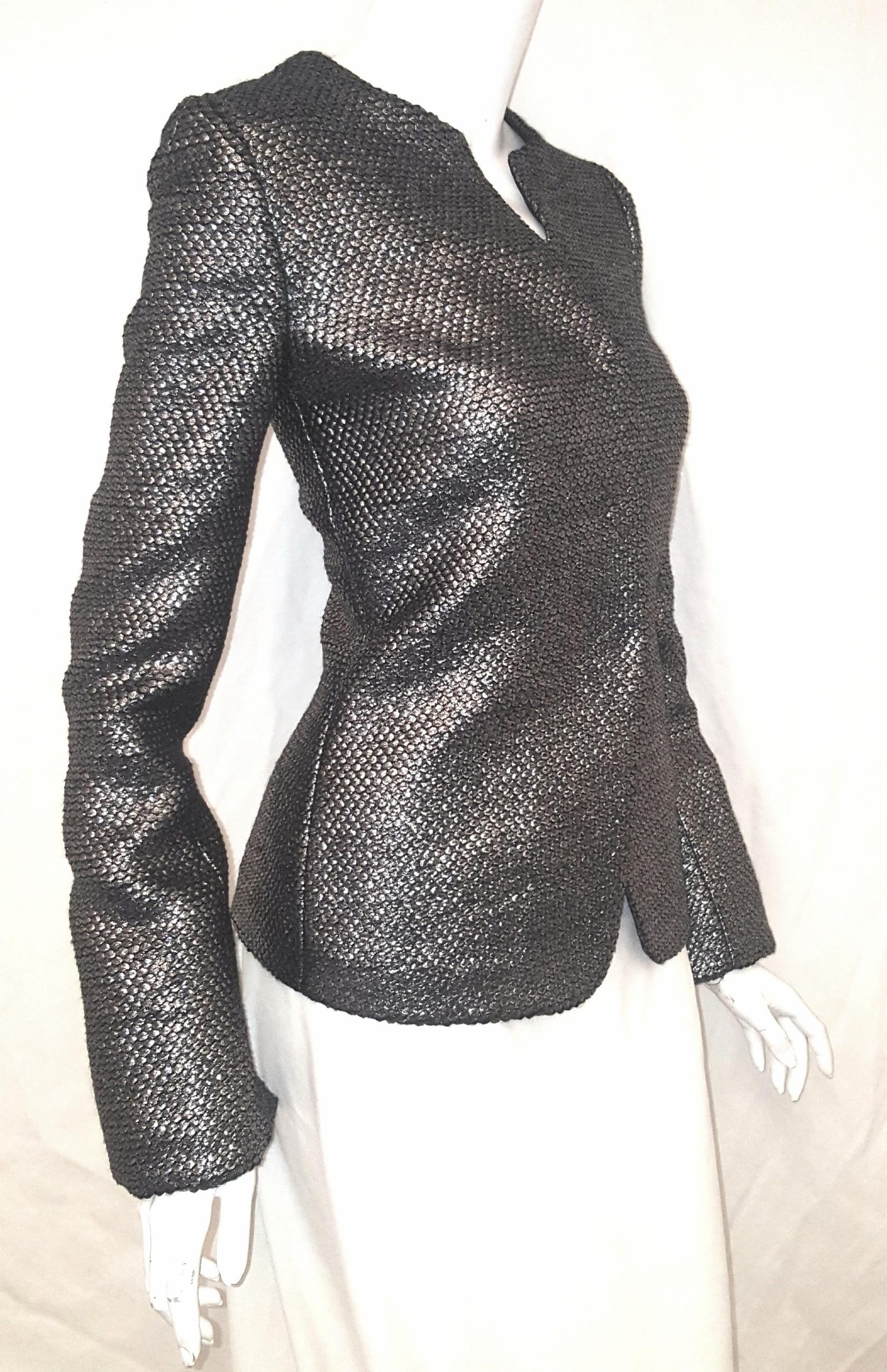 Black Armani Collezioni Pewter Tone Glimmer Brocade With Turn Up Cuffs Size 8 US For Sale