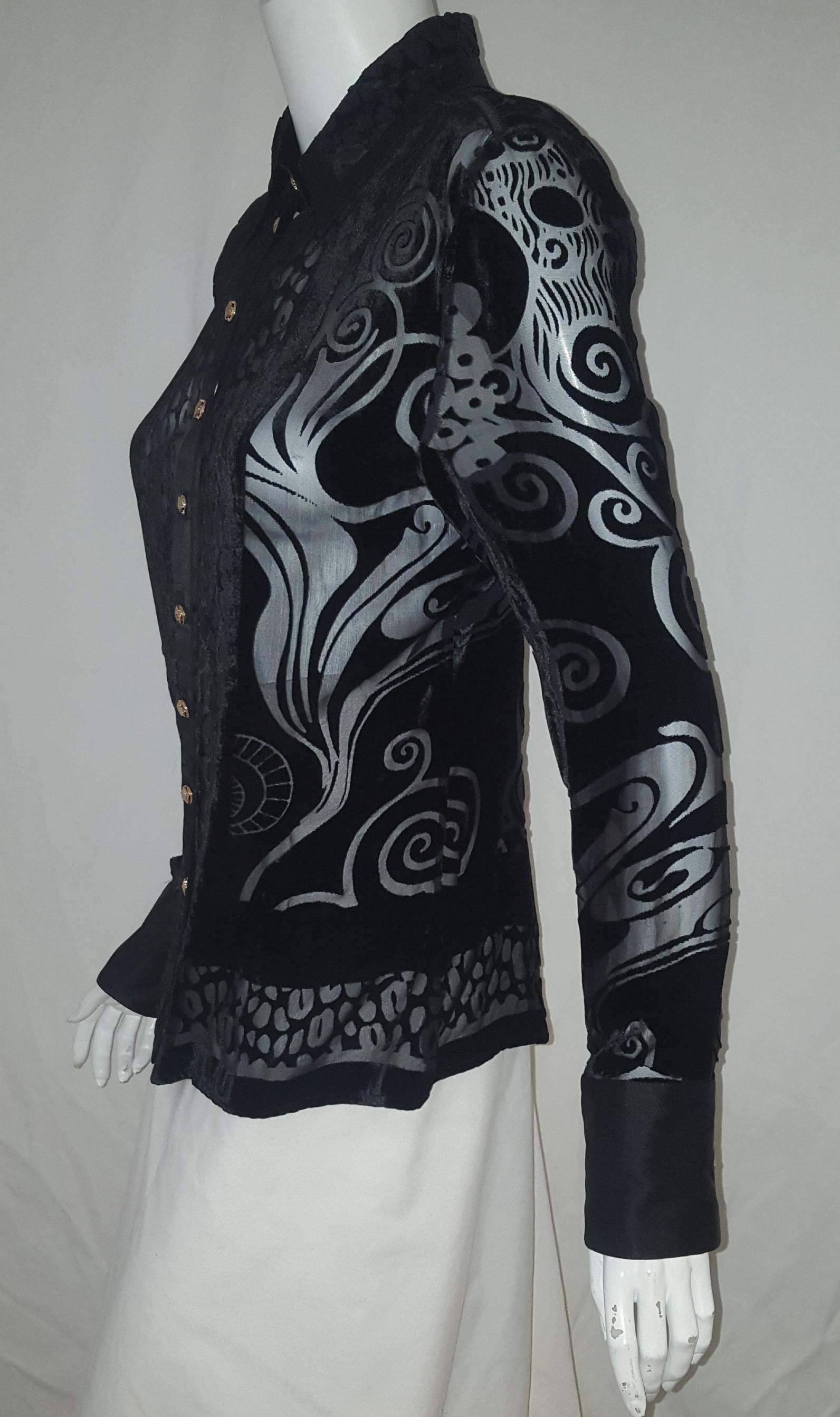 Women's Versace Black Silk Blend Cut Velvet Arabesque Design Long Sleeve Top
