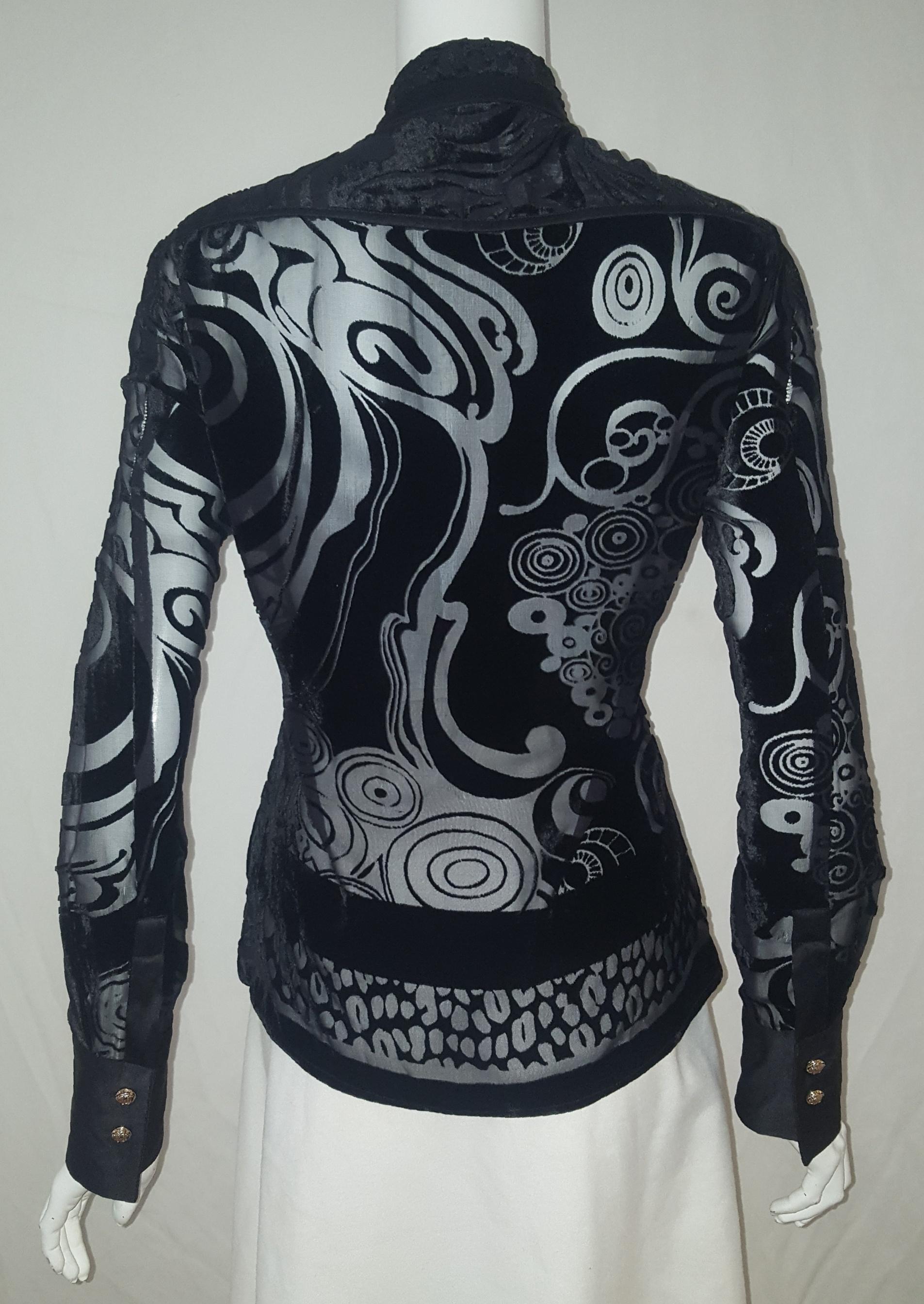 Versace Black Silk Blend Cut Velvet Arabesque Design Long Sleeve Top In Excellent Condition In Palm Beach, FL