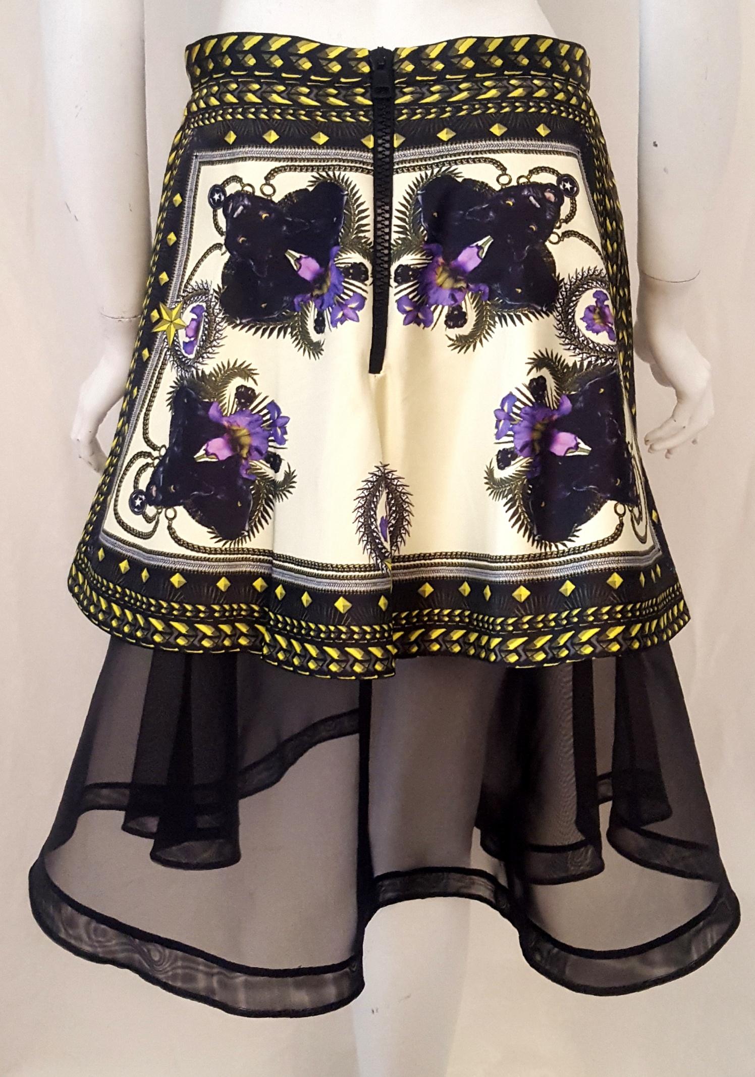 Givenchy Cotton Panthers & Orchids Skirt Black Mesh Underskirt 2011 Collection In Excellent Condition In Palm Beach, FL