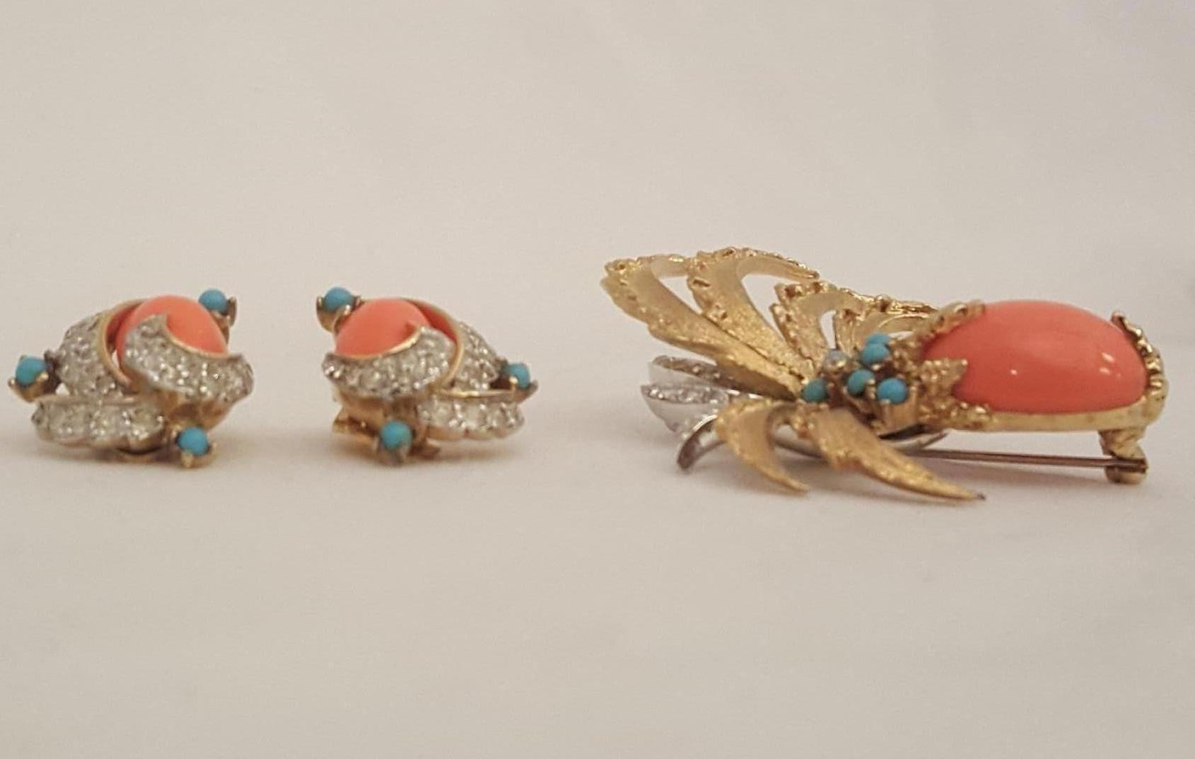 Women's Jomaz Goldtone Coral, Turquoise and Crystals Brooch and Earrings