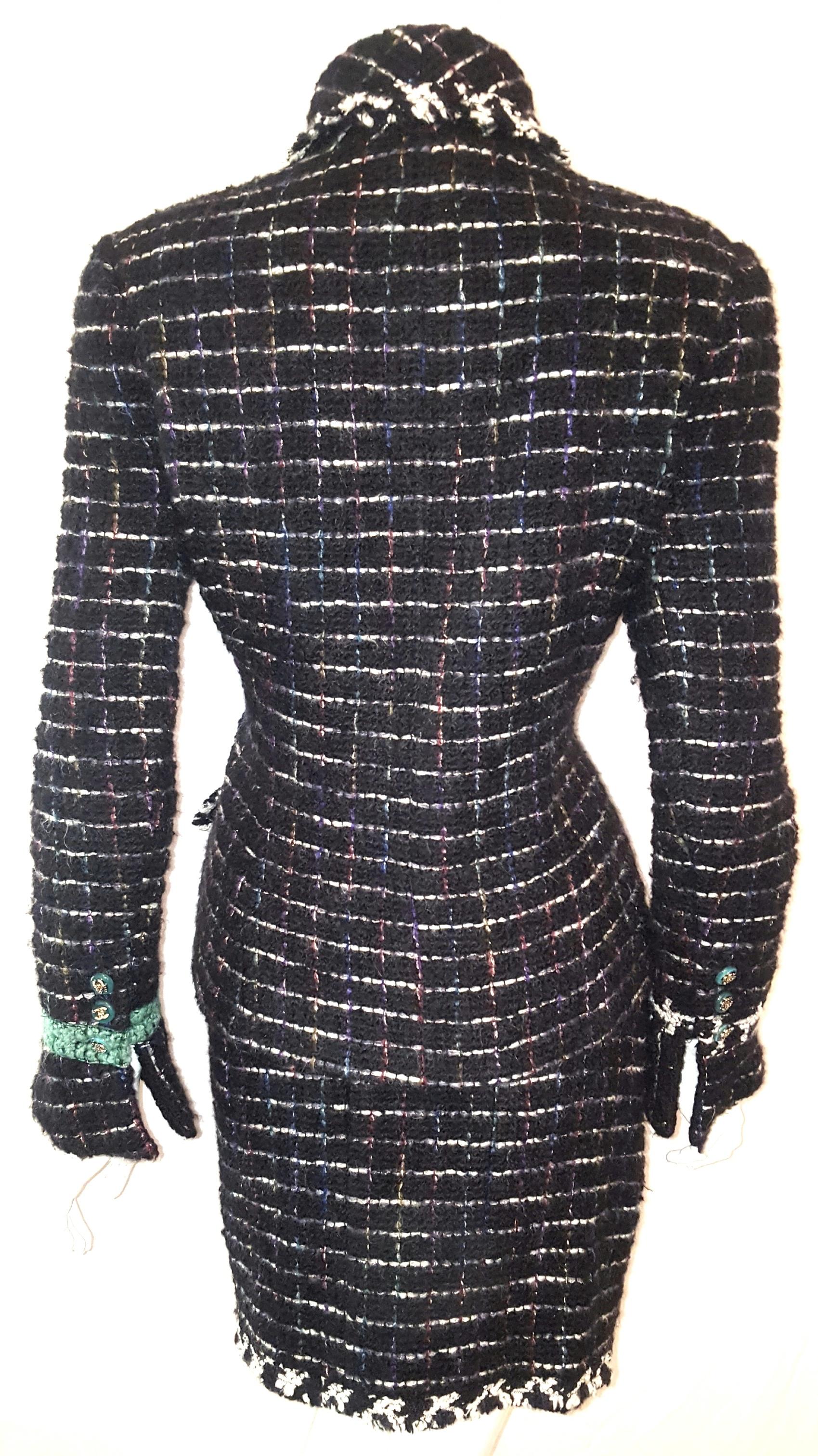 Chanel Black & White Metallic Tweed Check Double Breasted Skirt Suit 42 In Excellent Condition In Palm Beach, FL
