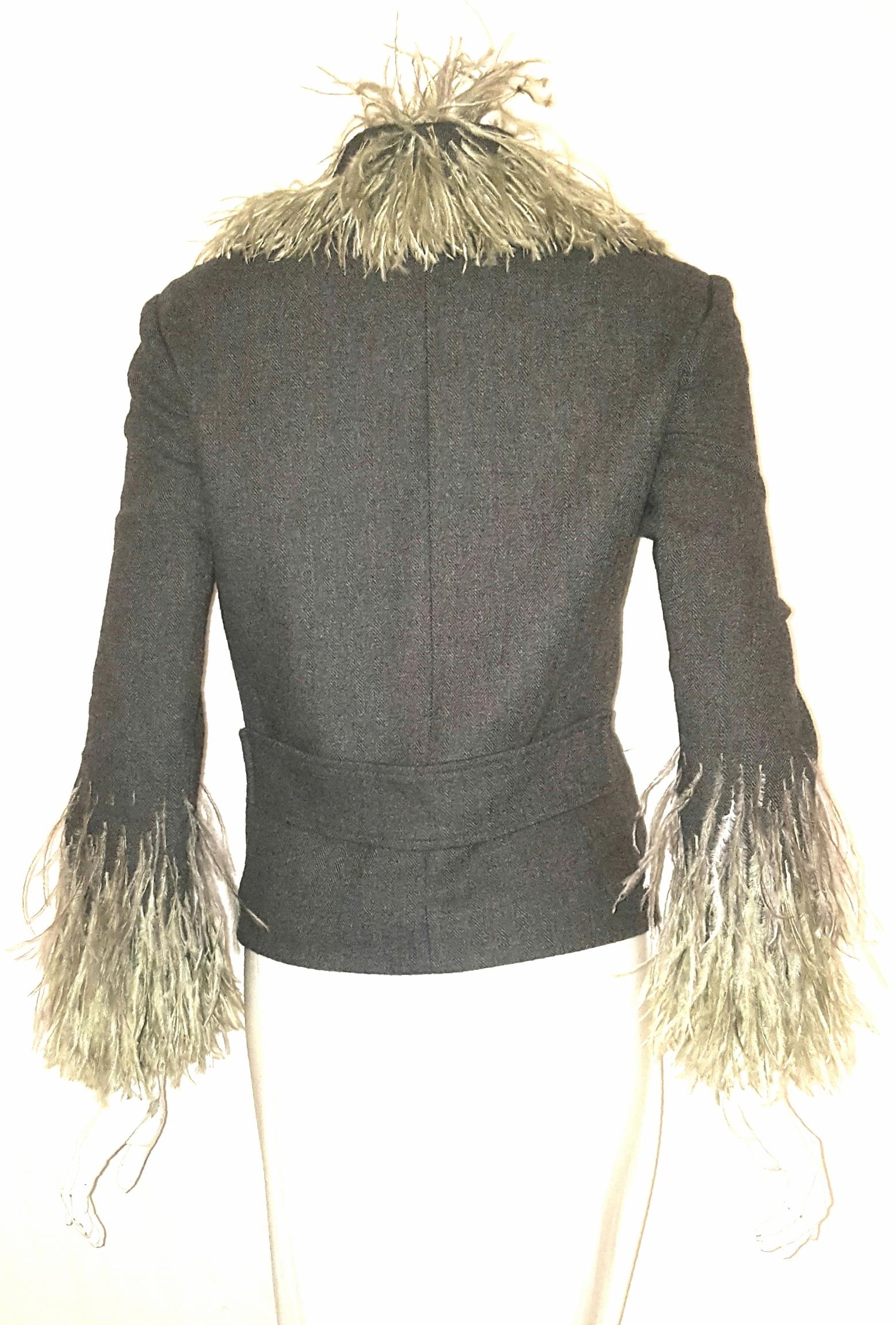 Black Dolce & Gabbana Wool Herringbone Jacket With Sage Ostrich Feather Trim 