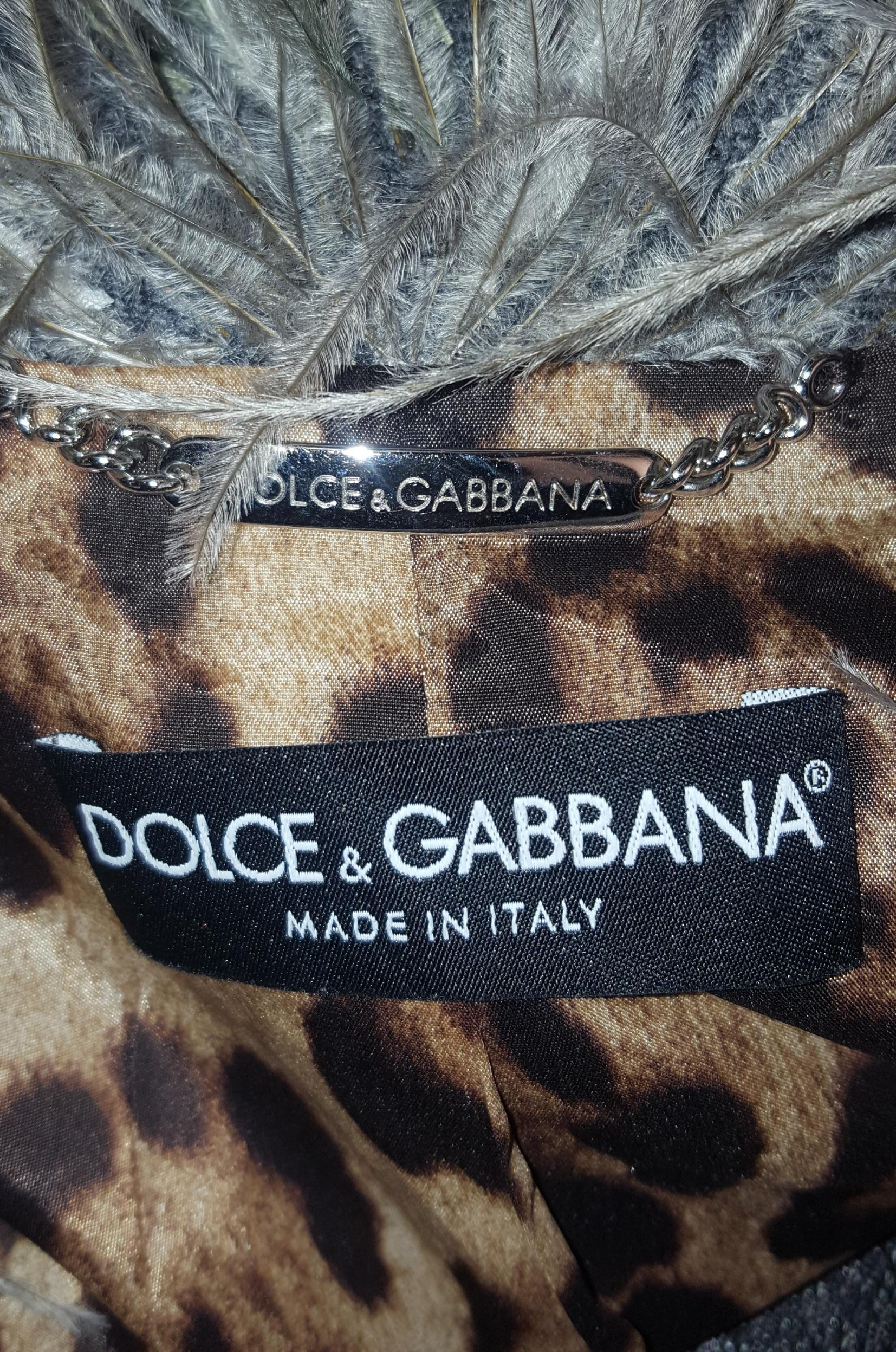 Women's Dolce & Gabbana Wool Herringbone Jacket With Sage Ostrich Feather Trim 