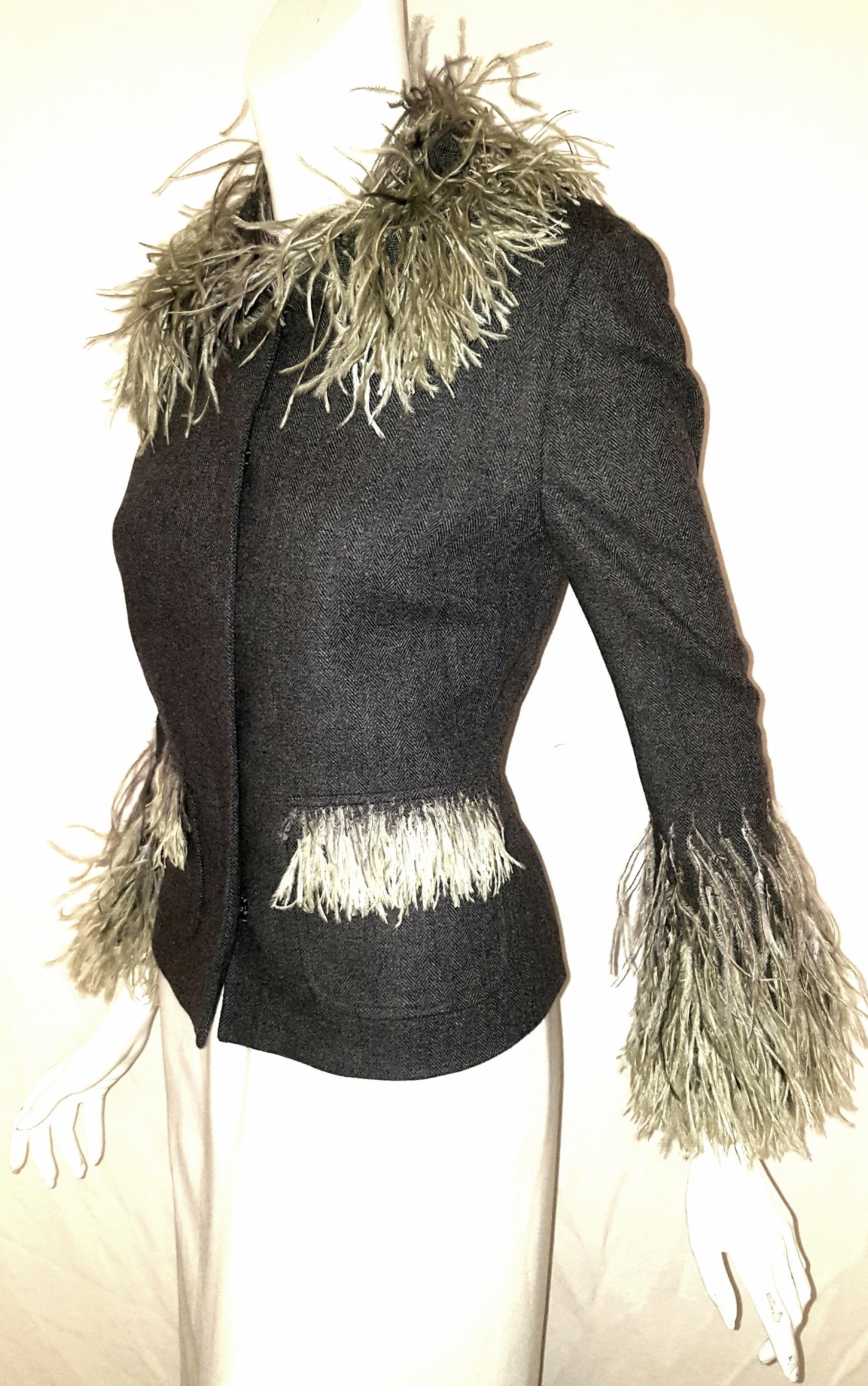 Dolce & Gabbana Wool Herringbone Jacket With Sage Ostrich Feather Trim  In Excellent Condition In Palm Beach, FL
