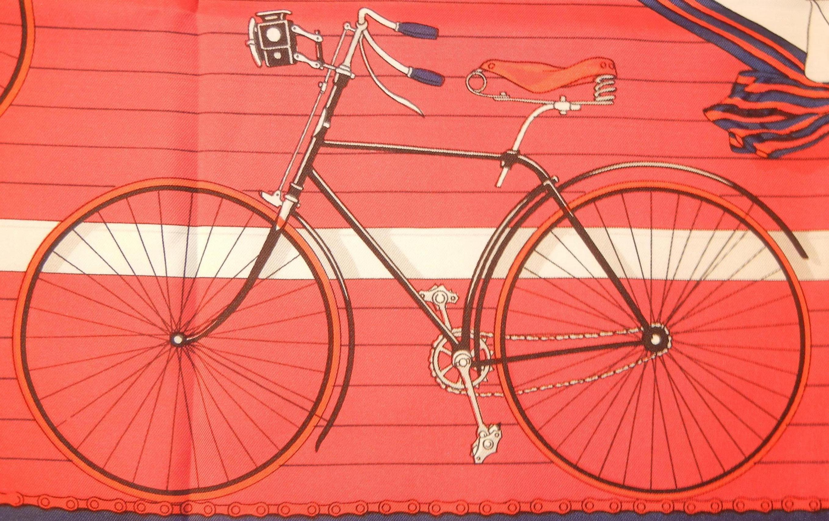 Brown Hermes Les Becanes (The Bicyclists) Red, White & Blue Silk Scarf by Hugo Grygkar