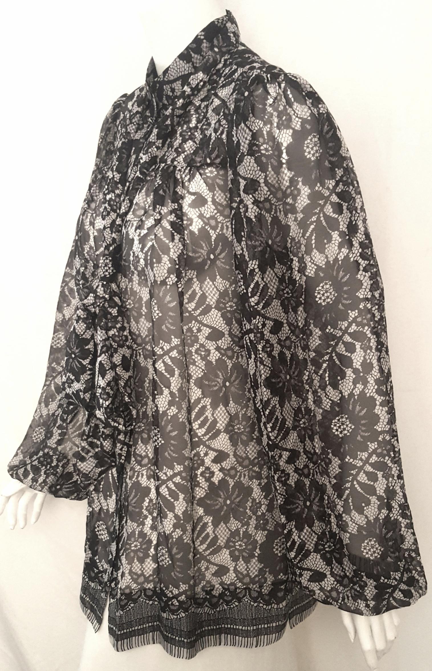 Dolce & Gabbana Black & White Floral Print Long Sleeve Silk Blouse W/ Sash  In Excellent Condition For Sale In Palm Beach, FL