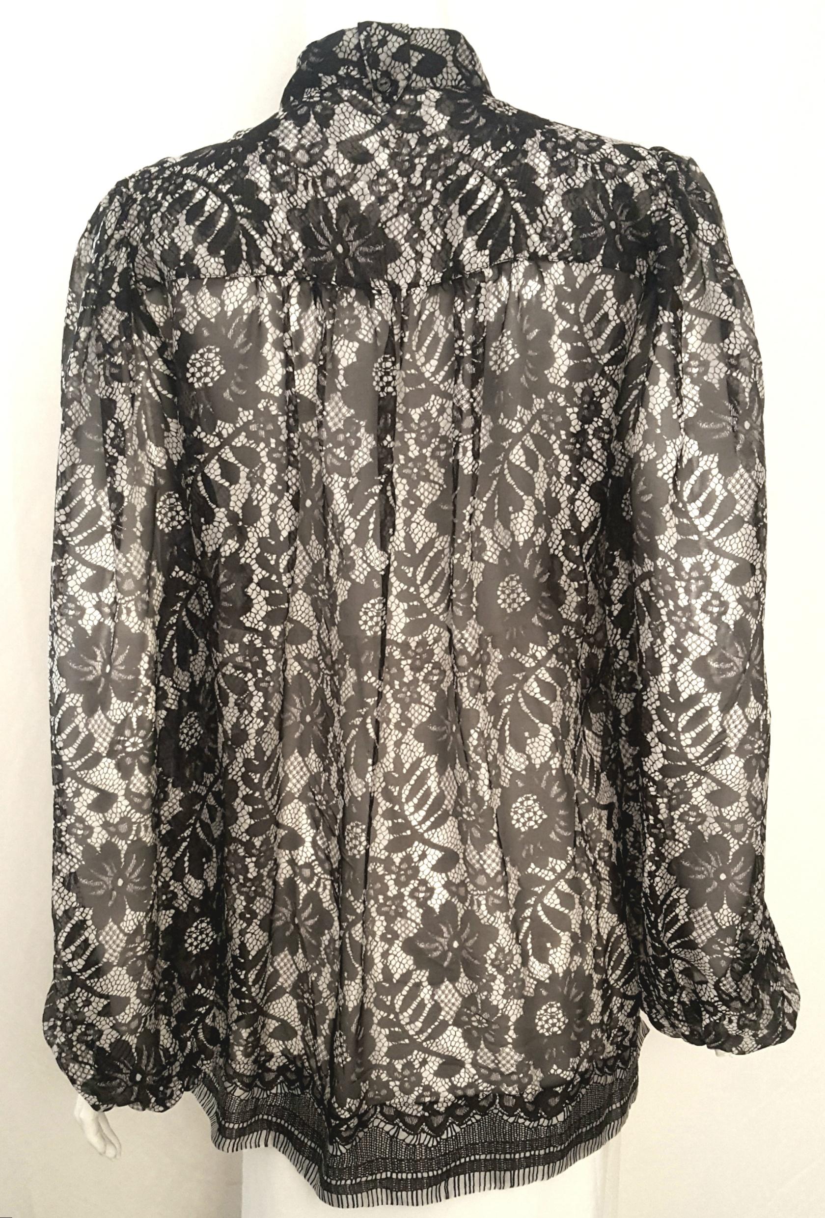 Gray Dolce & Gabbana Black & White Floral Print Long Sleeve Silk Blouse W/ Sash  For Sale