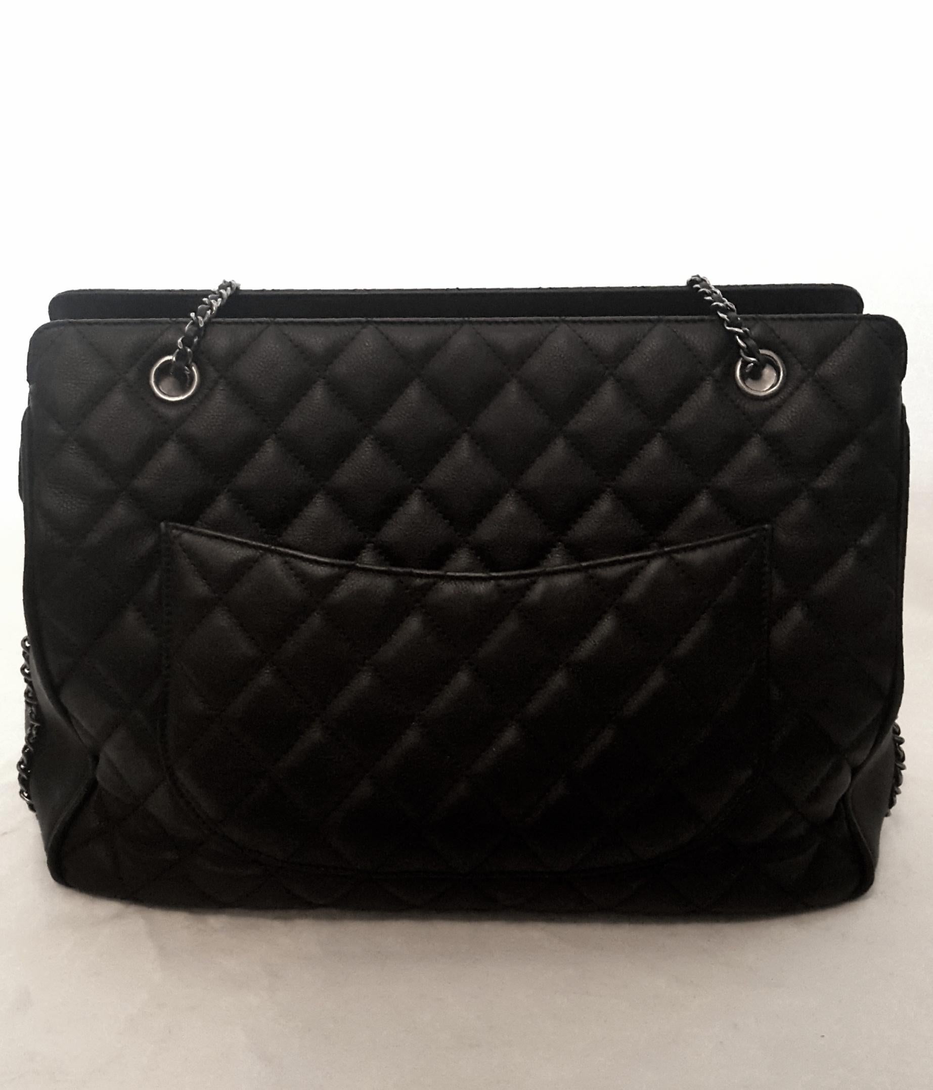 Black Chanel Diamond Quilt Leather W/ Ruthenium Chain Link & Leather Shoulder Pad Tote