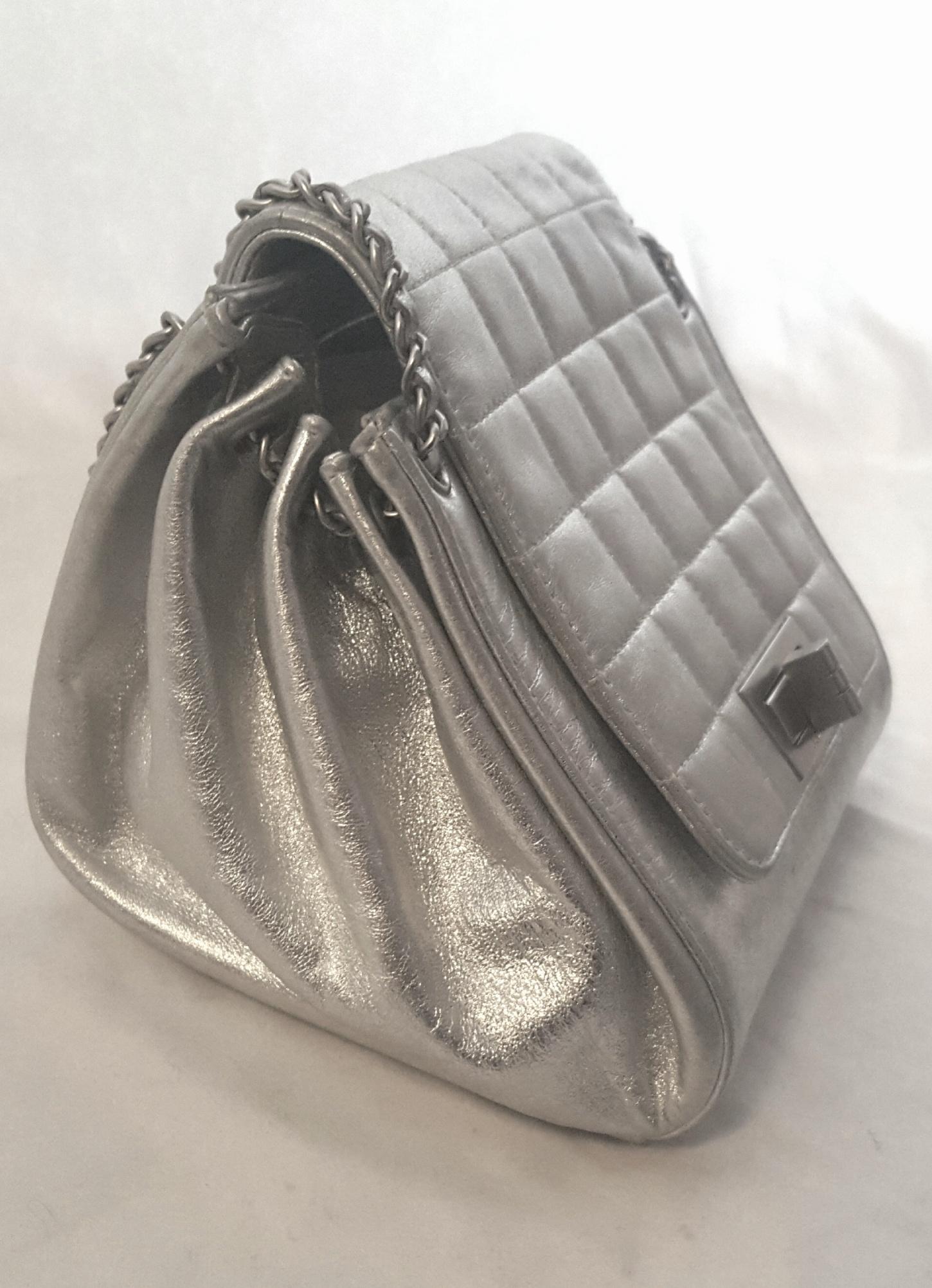 Chanel Mademoiselle Silver Metallic Square Quilt Chain Link Strap Mini Bag In Excellent Condition For Sale In Palm Beach, FL