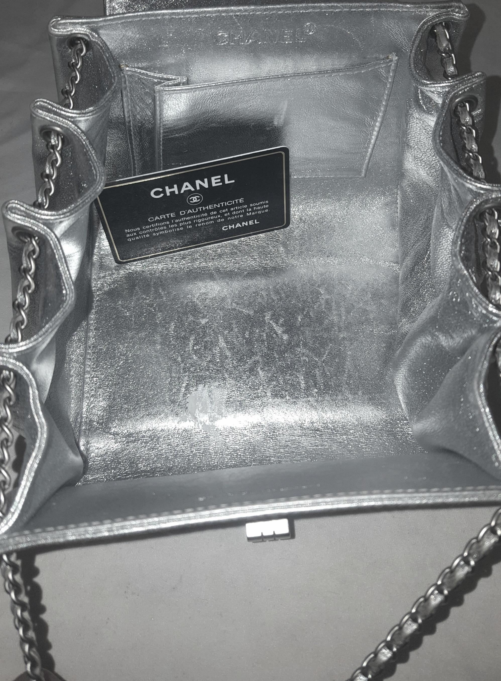 Chanel Mademoiselle Silver Metallic Square Quilt Chain Link Strap Mini Bag For Sale 1