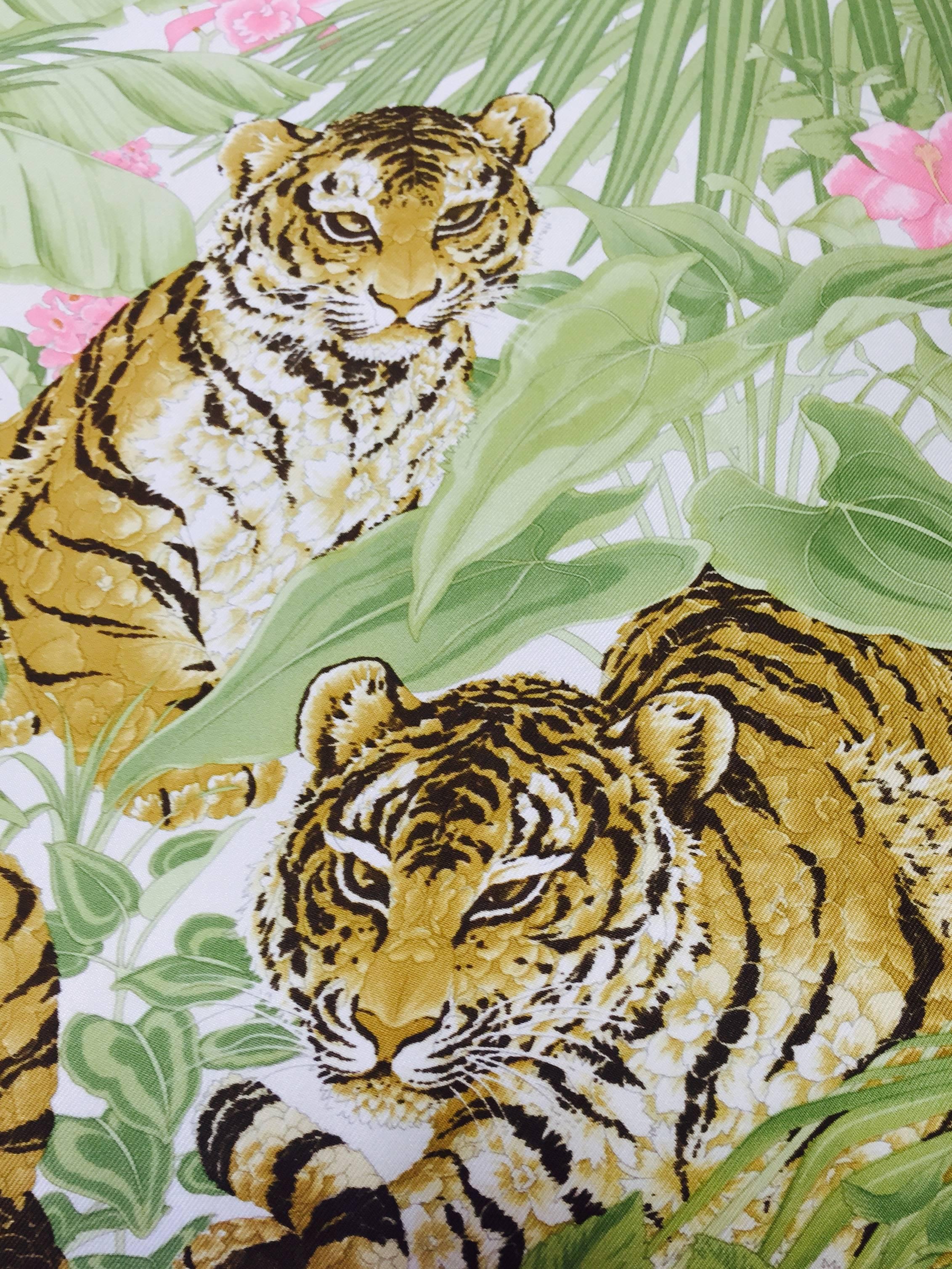 Salvatore Ferragamo Silk Pillow is the ultimate in luxurious home accessories!  Like Ferragamo scarves, pillow is crafted from ultra-luxurious silk twill print fabric.  The print?  Three lounging tigers surrounded by lush jungle and beautiful pink