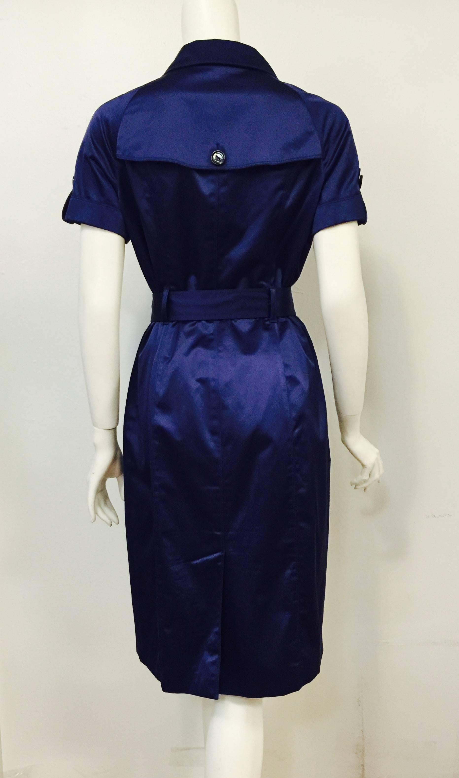 Black Burberry Dark Cobalt Blue Cotton Blend Short Sleeve Coat Dress  For Sale