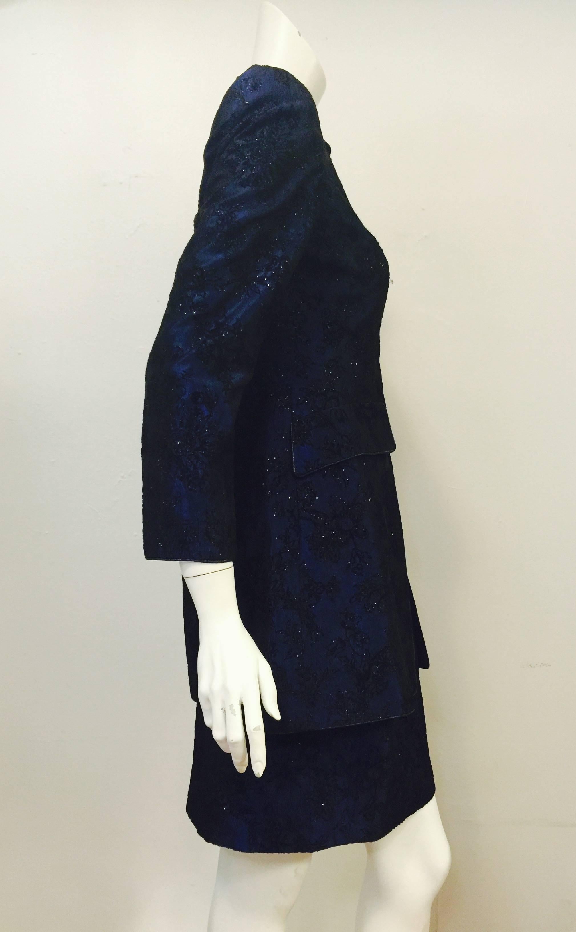 Made expressly for Neiman Marcus, this vintage Collection MFF Evening Suit is worthy of Mary McFadden's archives!  Features luxurious midnight blue satin brocade fabric that has been 