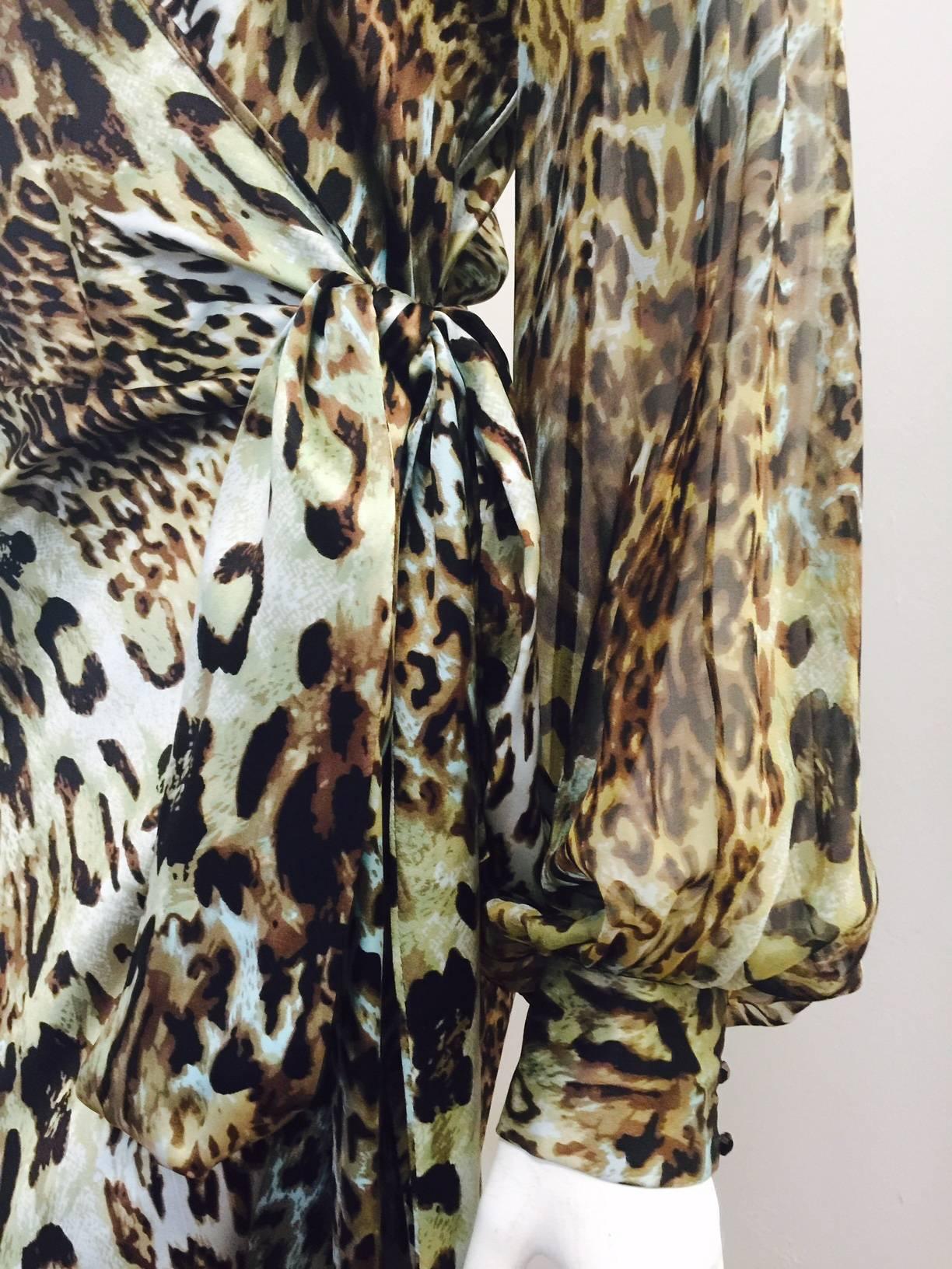 Women's Cynthia Rose Leopard Print Satin Wrap Dress With Poet Sleeves 