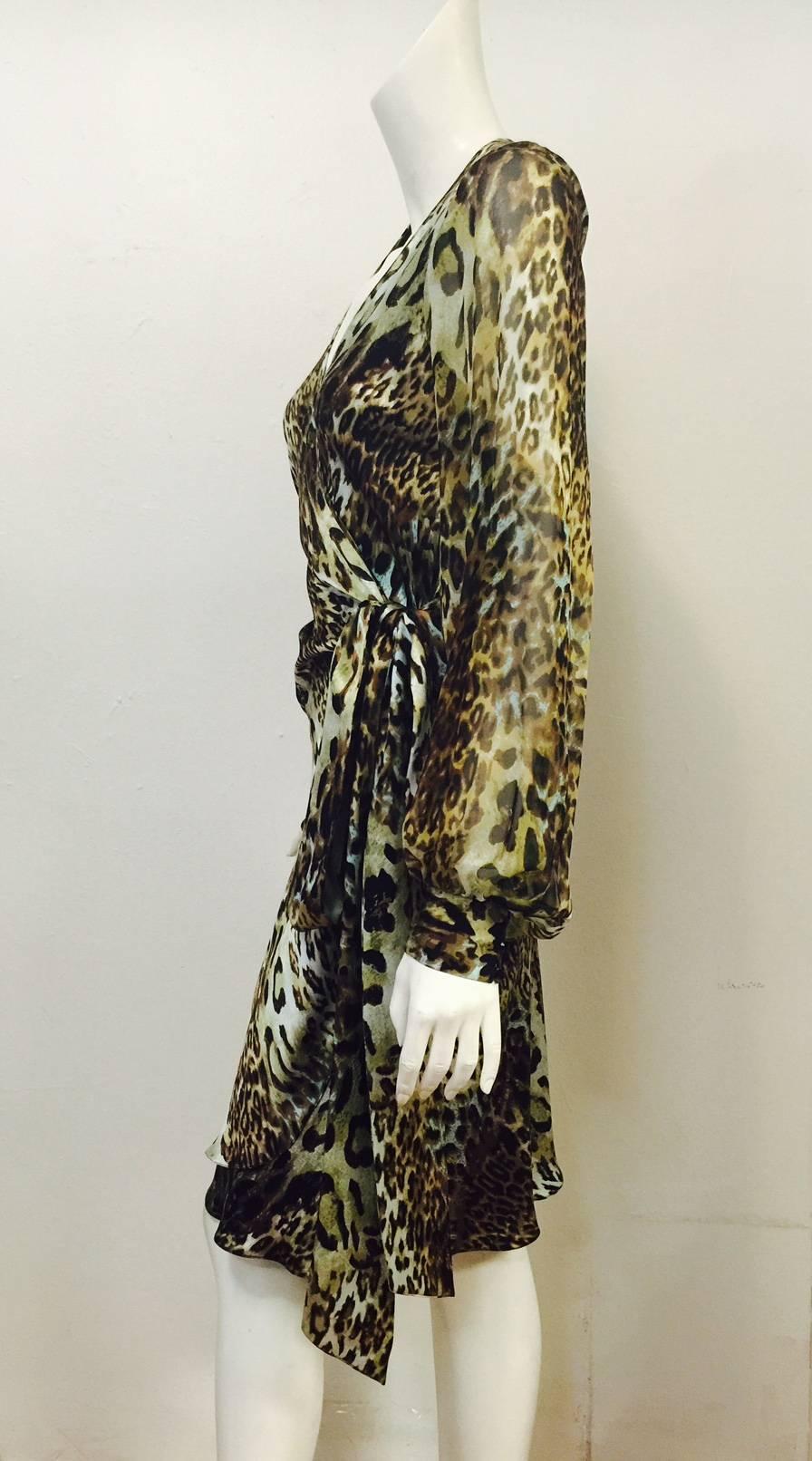 Cynthia Rose Leopard Print Satin Wrap Dress With Poet Sleeves  In Excellent Condition In Palm Beach, FL