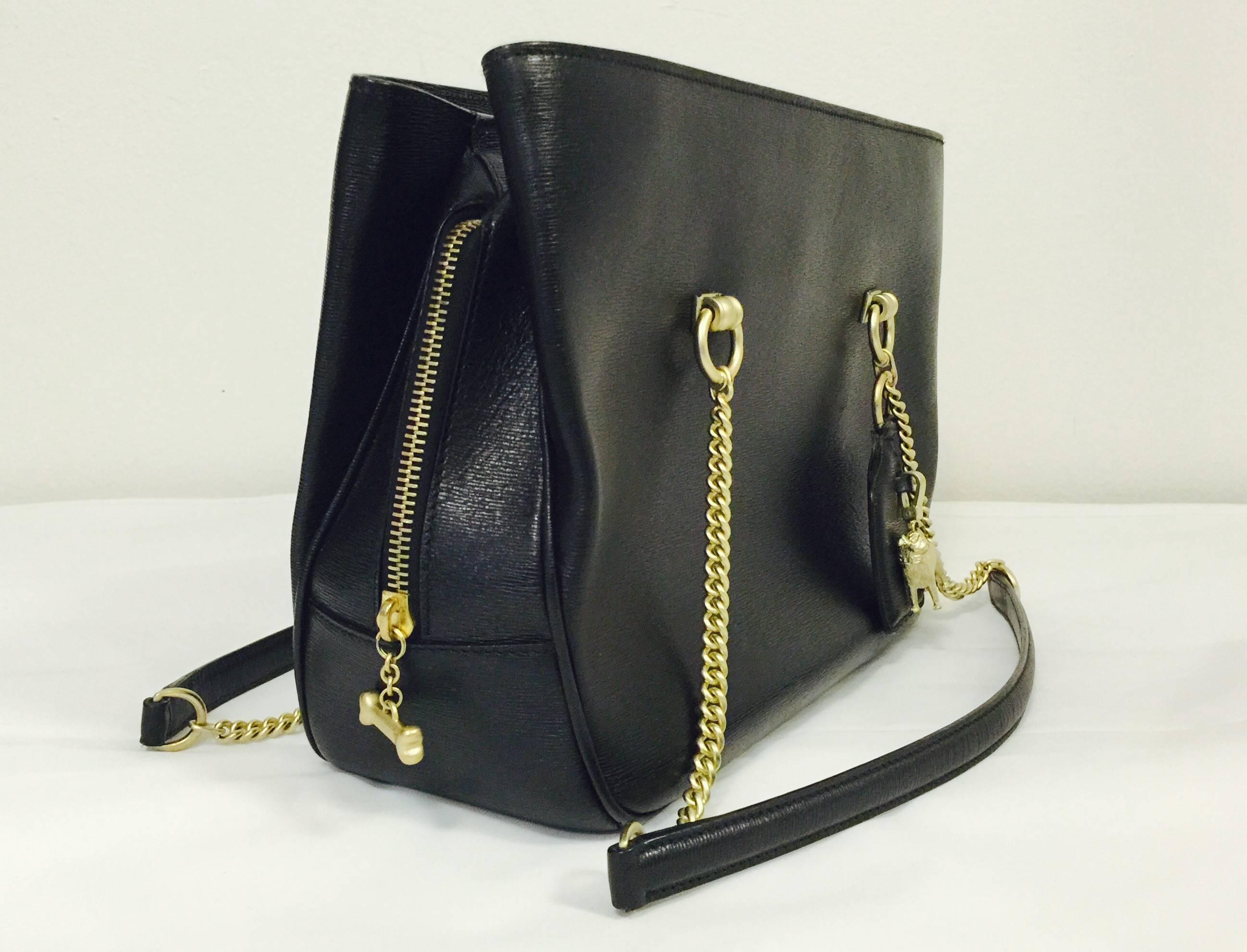 Black 1990s Barry Kieselstein Cord Textured Leather Shoulder Bag With Pug Charm For Sale