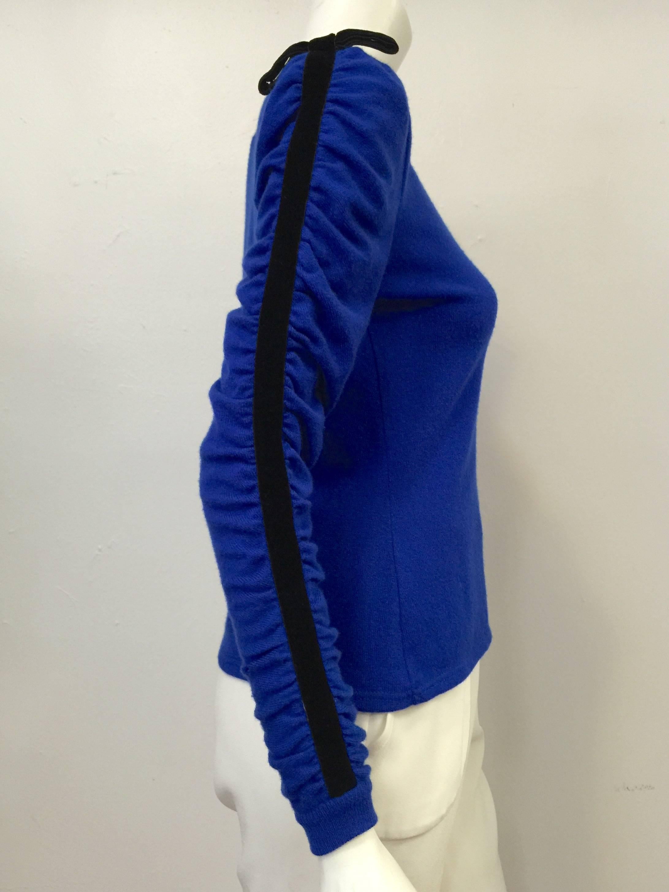 Valentino Boutique Royal Blue Pullover with Ruched Sleeves and Velvet Trim In Excellent Condition For Sale In Palm Beach, FL