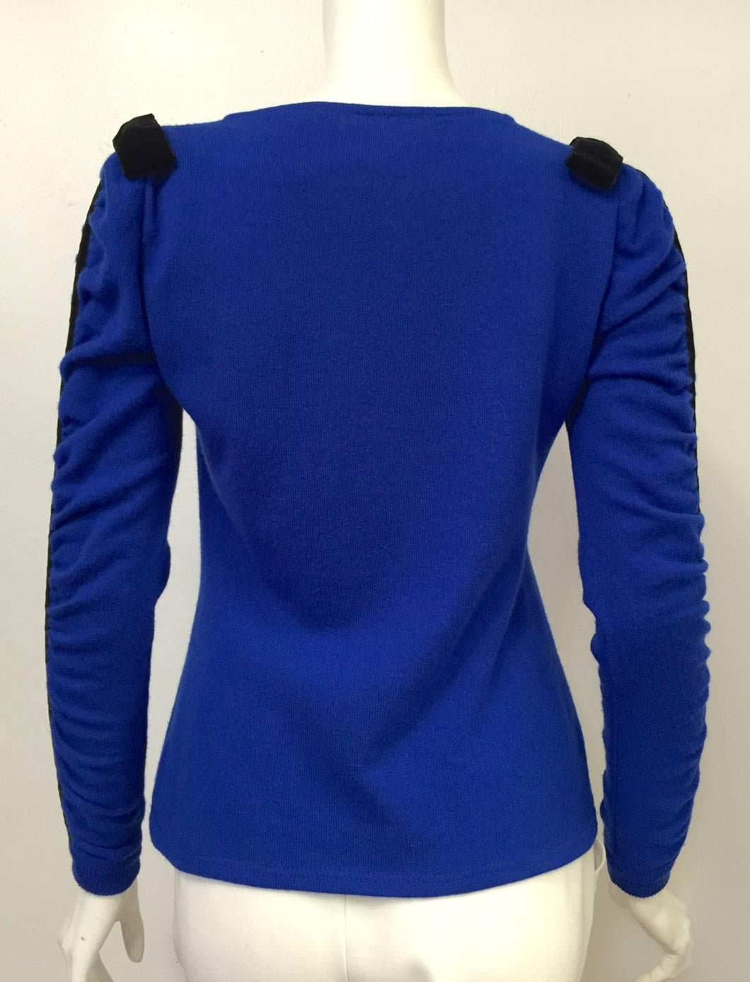 Women's Valentino Boutique Royal Blue Pullover with Ruched Sleeves and Velvet Trim For Sale