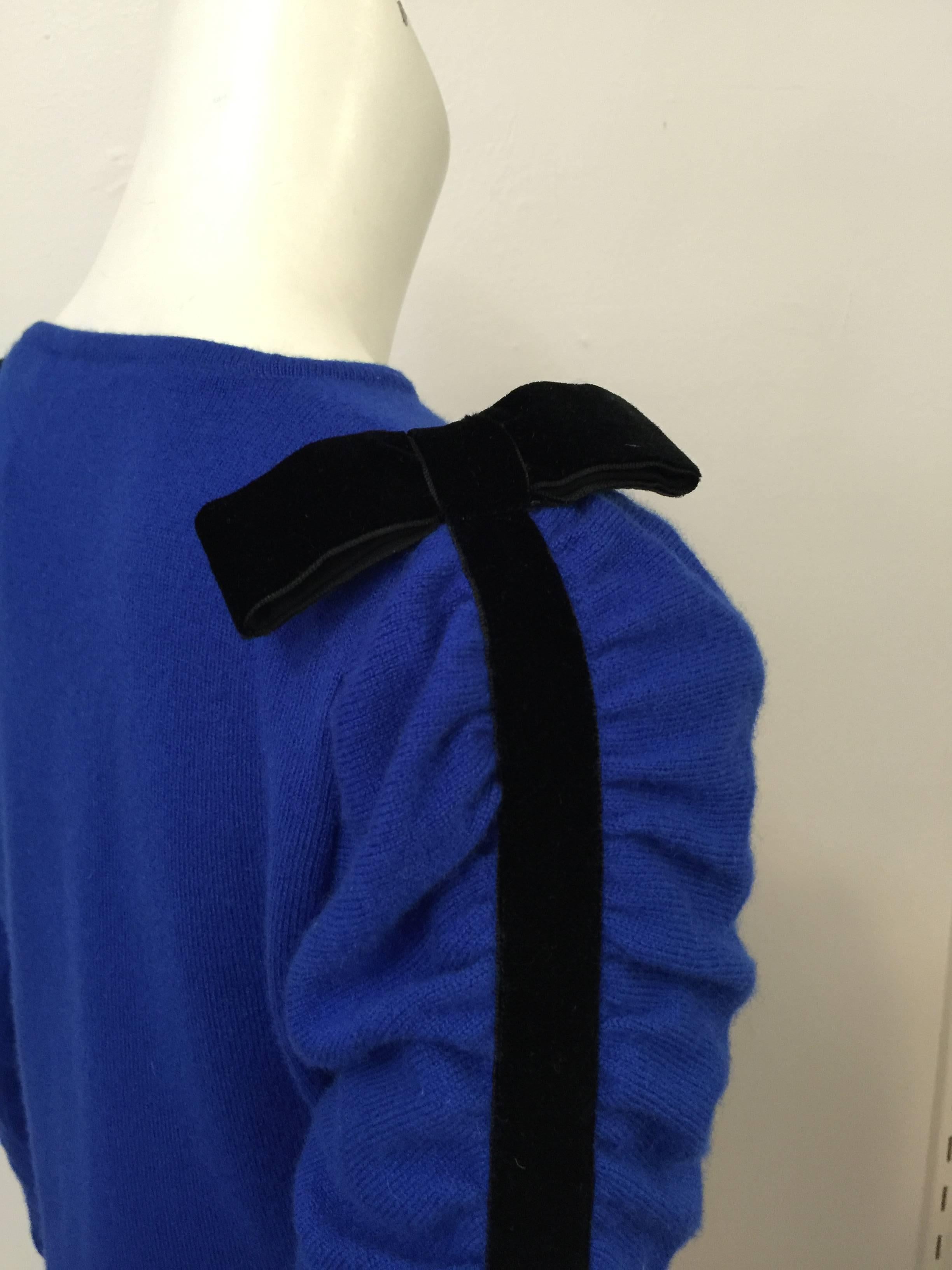 Valentino Boutique Royal Blue Pullover with Ruched Sleeves and Velvet Trim For Sale 1