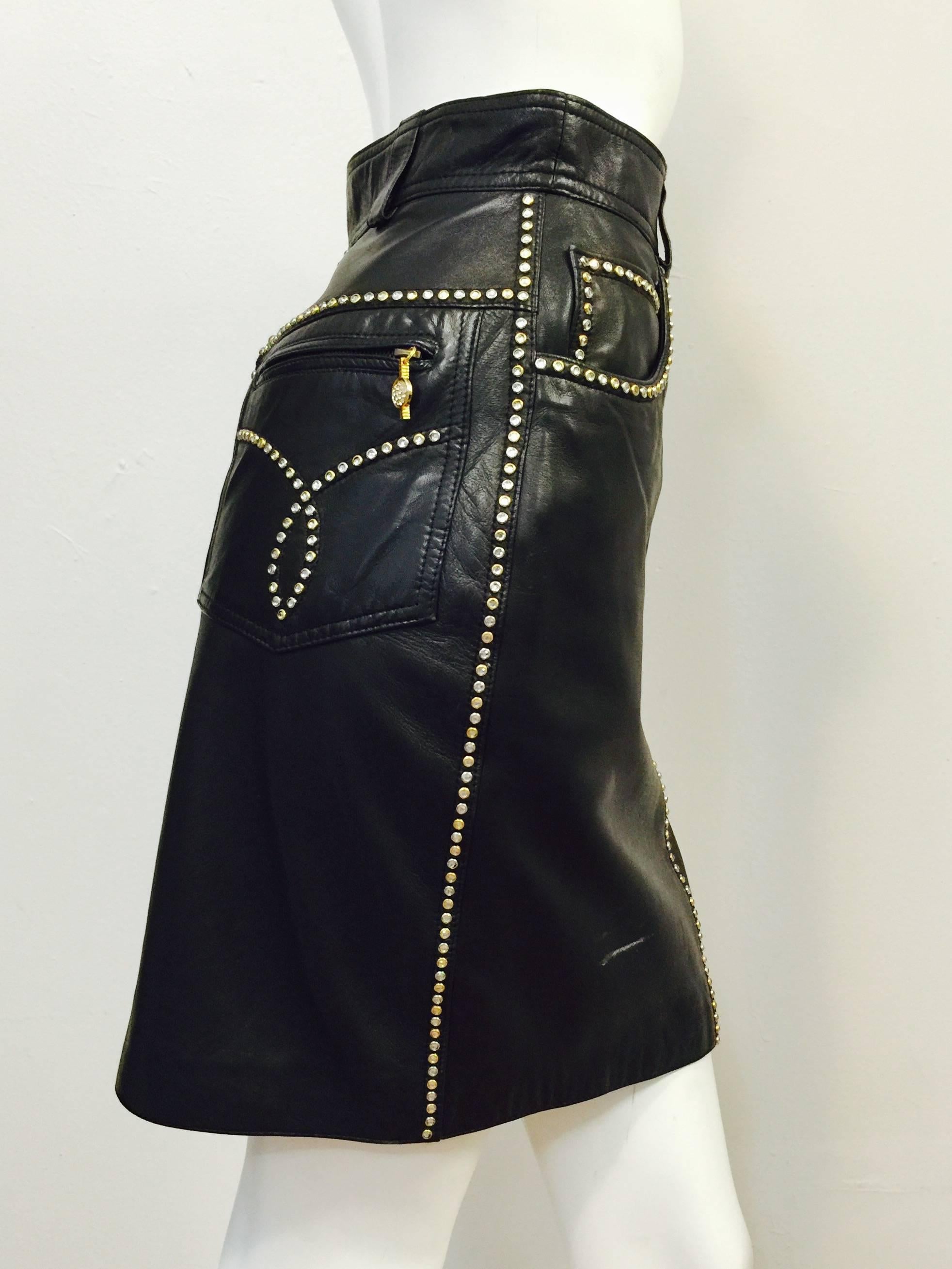 1990s Gianni Versace Studded Lambskin Straight 5-Pocket Skirt  In Excellent Condition In Palm Beach, FL