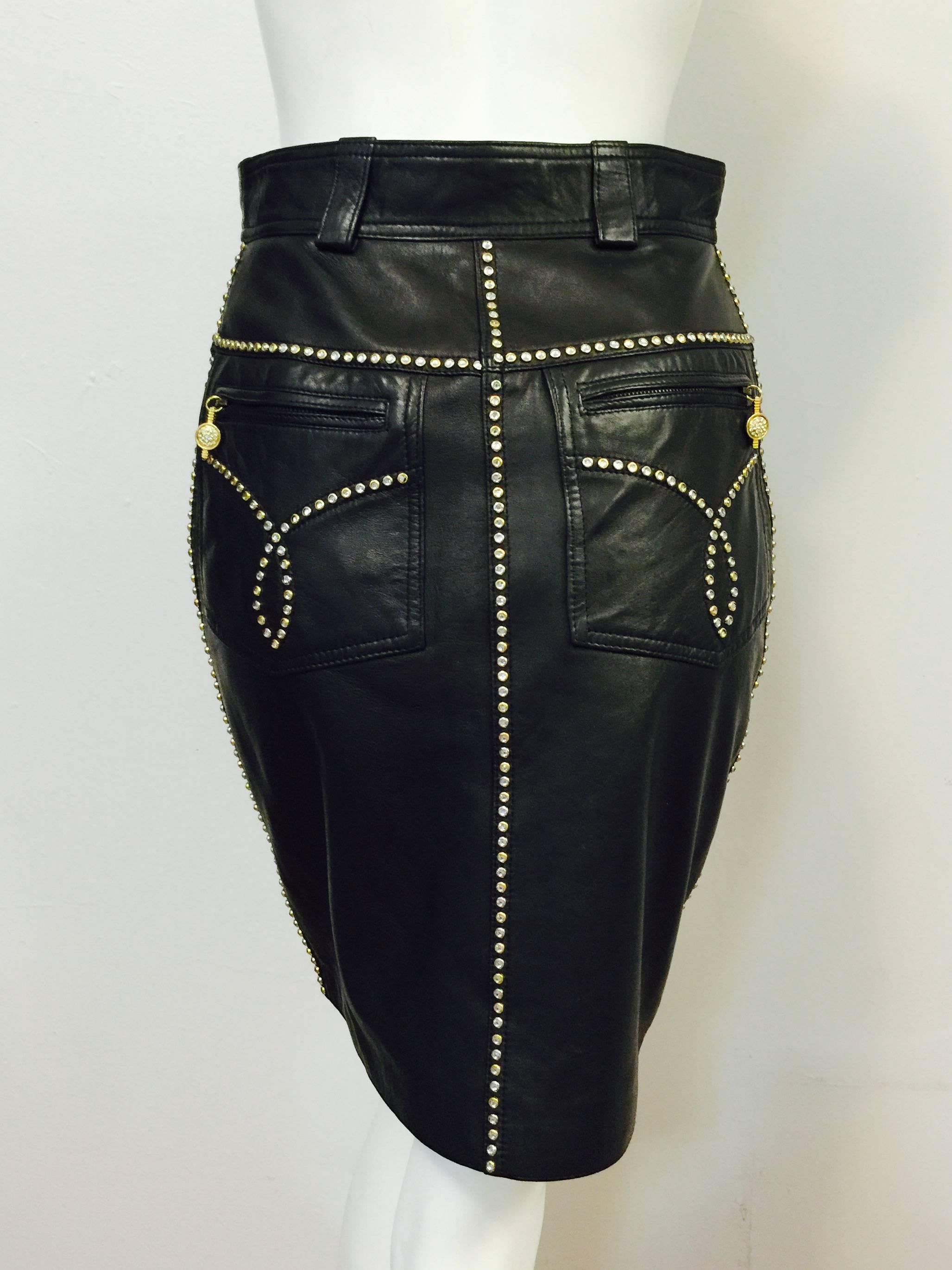 Black 1990s Gianni Versace Studded Lambskin Straight 5-Pocket Skirt 