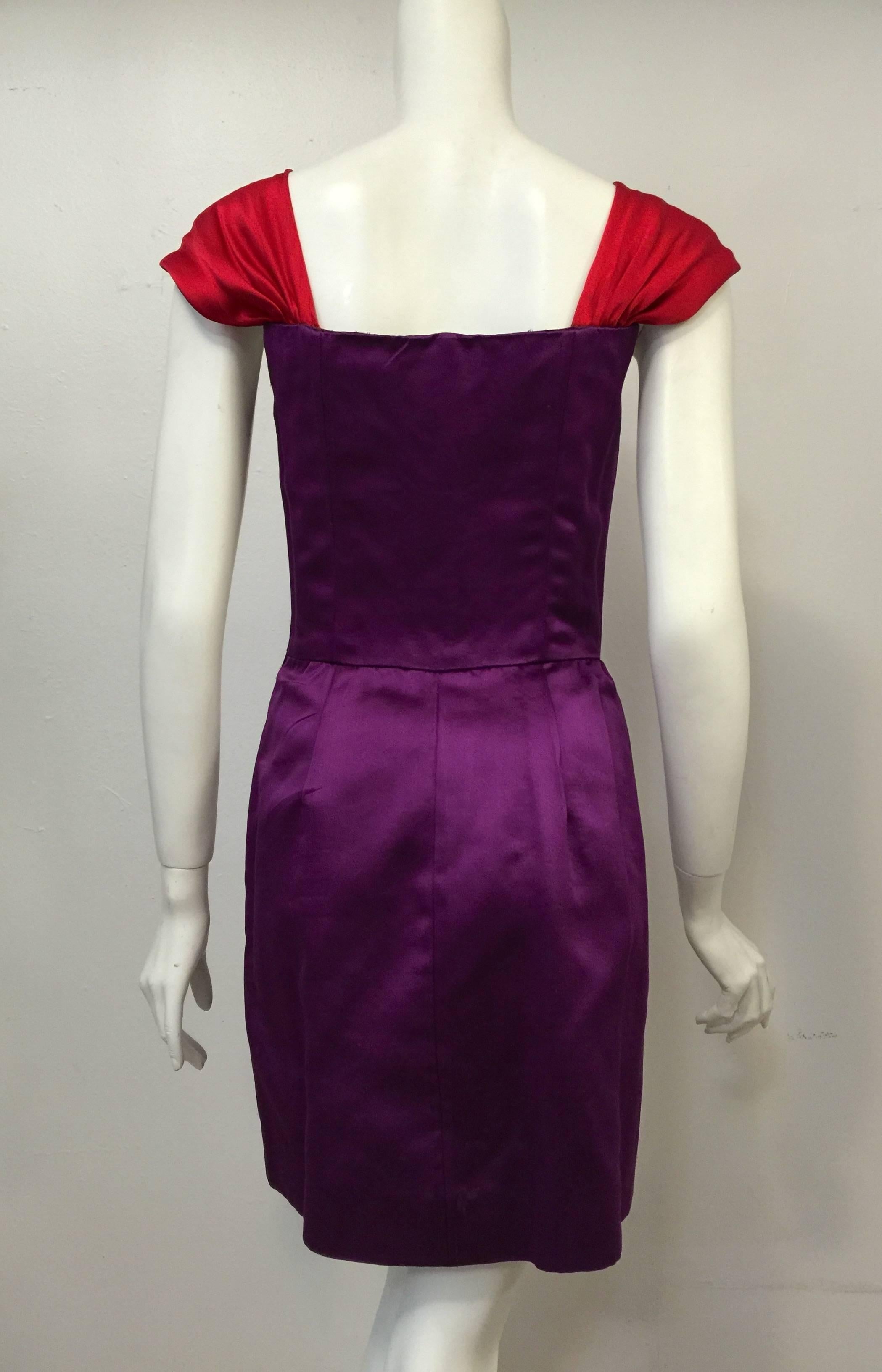 Black 1990s Lanvin Electric Aubergine and Berry Silk Satin Cap Sleeve Cocktail Dress  For Sale