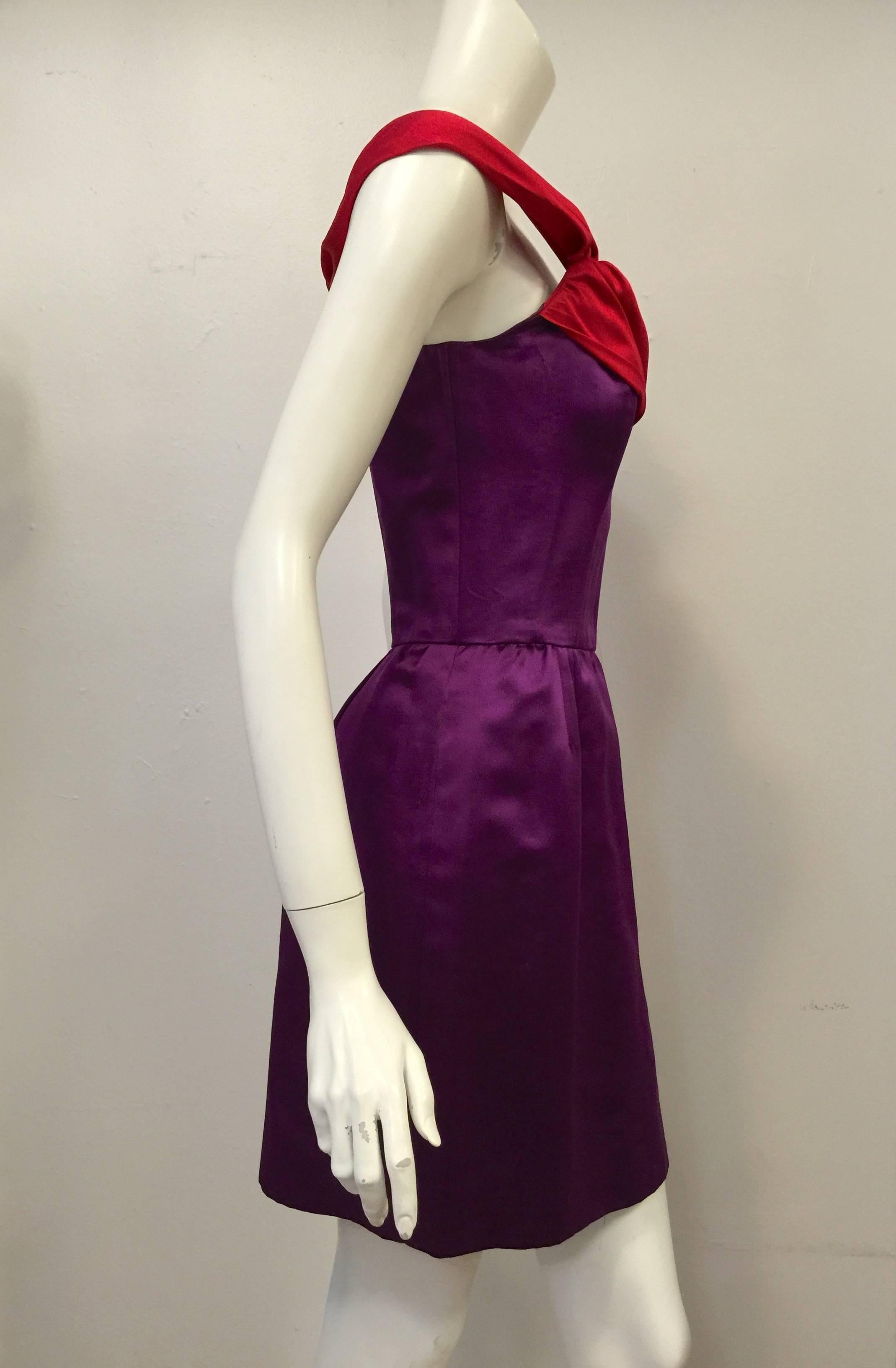 1990s Lanvin Electric Aubergine and Berry Silk Satin Cap Sleeve Cocktail Dress  In Excellent Condition For Sale In Palm Beach, FL