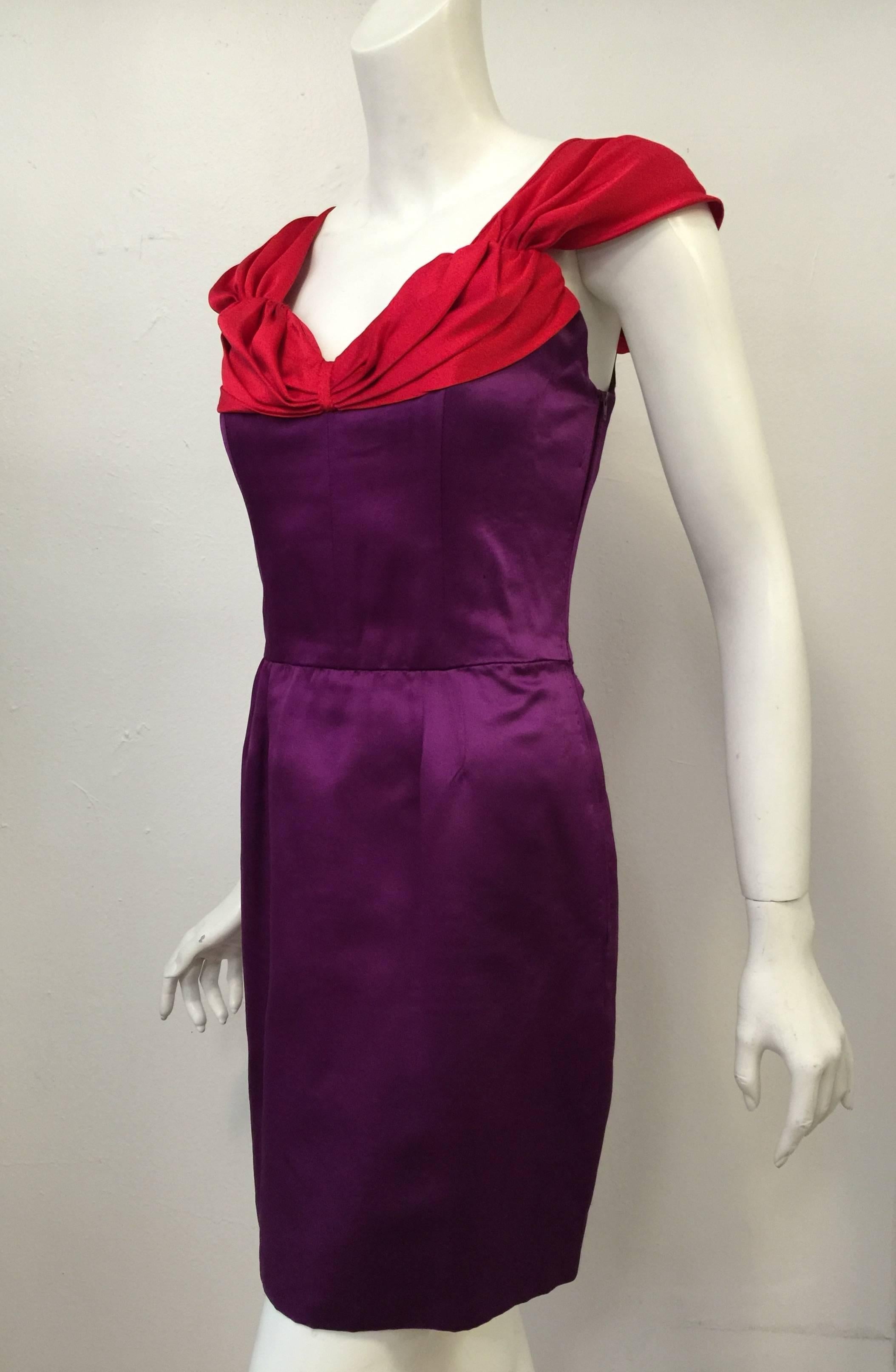 Women's 1990s Lanvin Electric Aubergine and Berry Silk Satin Cap Sleeve Cocktail Dress  For Sale