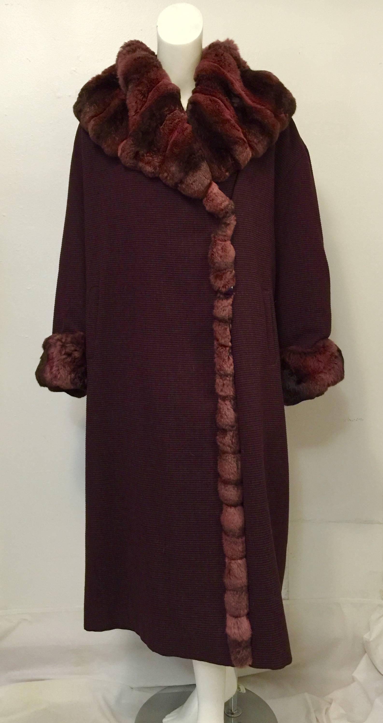 30% OFF!  Aubergine Wool Long Coat With Chinchilla Collar and Cuffs must be seen to be believed.  Luxury defined, this coat's silhouette is reminiscent of the 