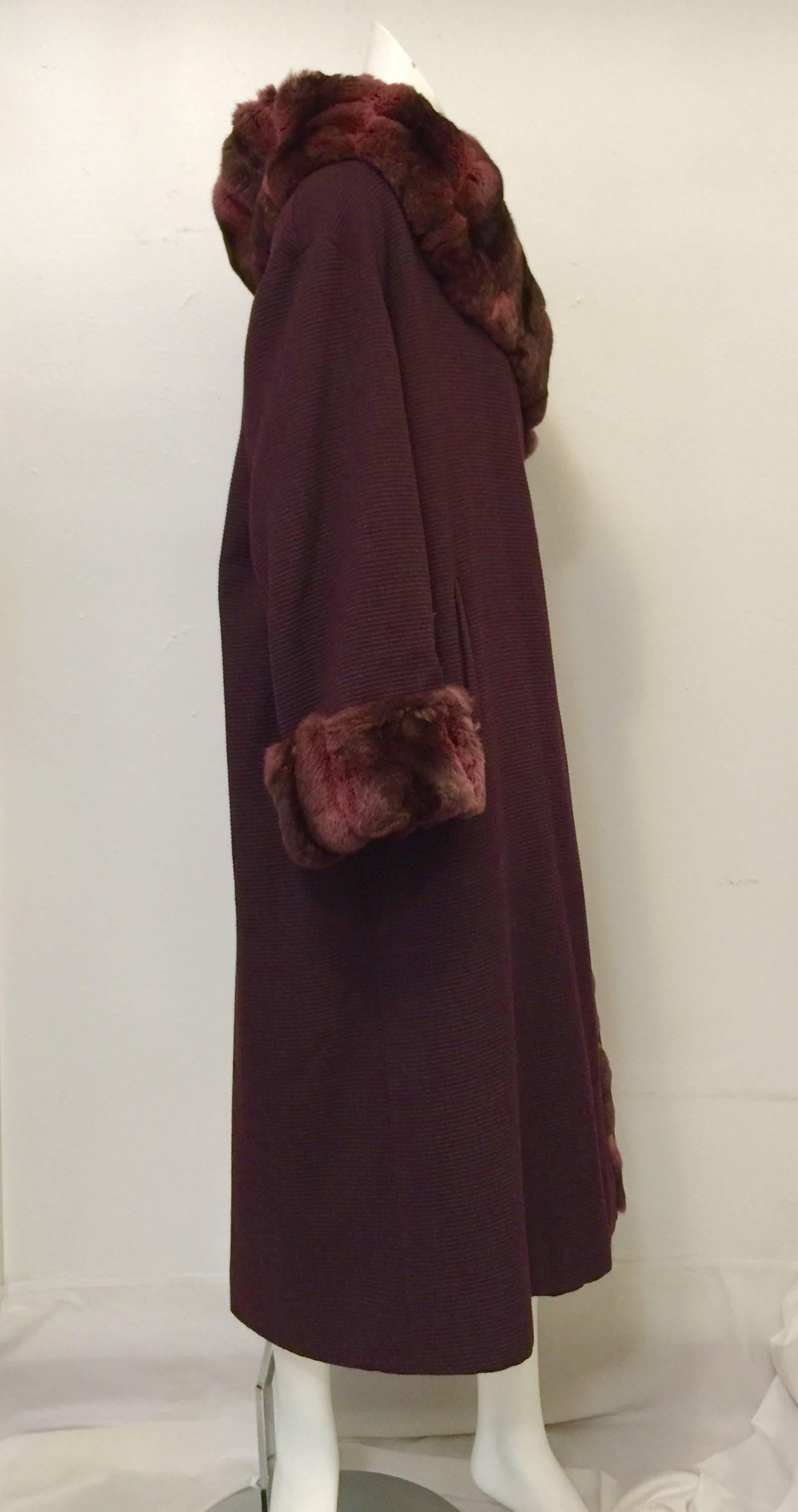 JOOP! Chinchilla Collar and Cuffs Frame Muskrat Lined Aubergine Wool Coat In Excellent Condition For Sale In Palm Beach, FL