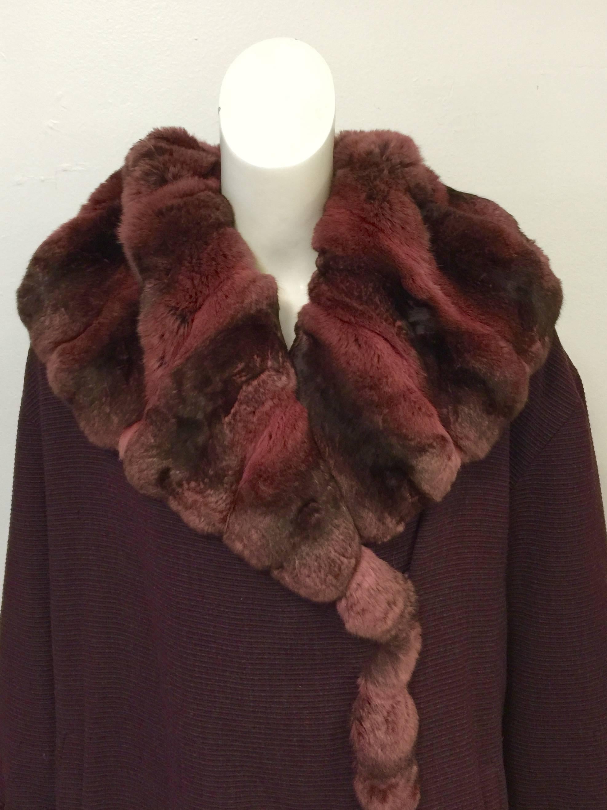 Women's JOOP! Chinchilla Collar and Cuffs Frame Muskrat Lined Aubergine Wool Coat For Sale