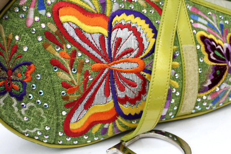 DIOR Embroidered Saddle Bag Leather & Linen Floral Butterflies