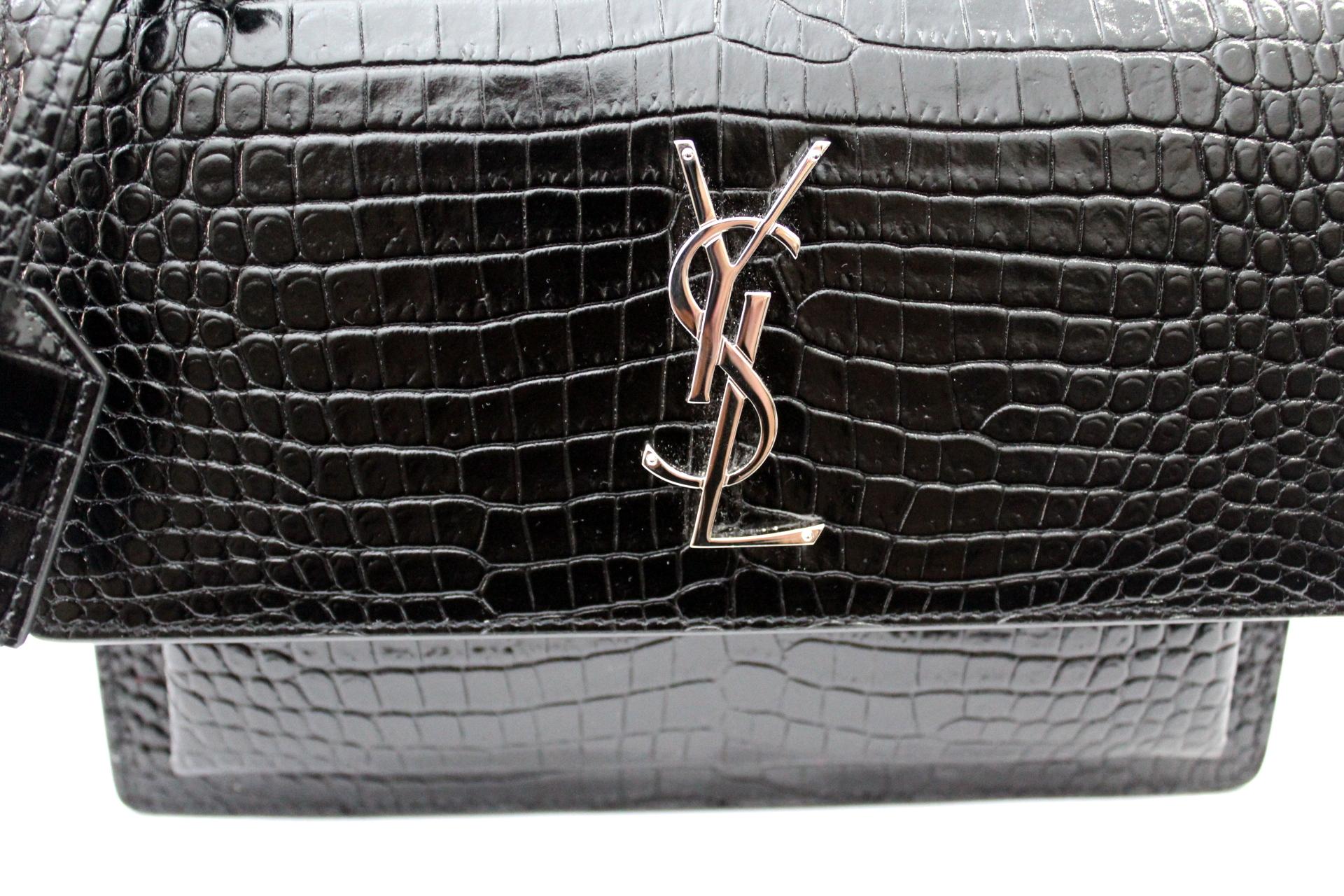 Women's Saint Laurent Sunset Bag Black Leather Crocodile Print