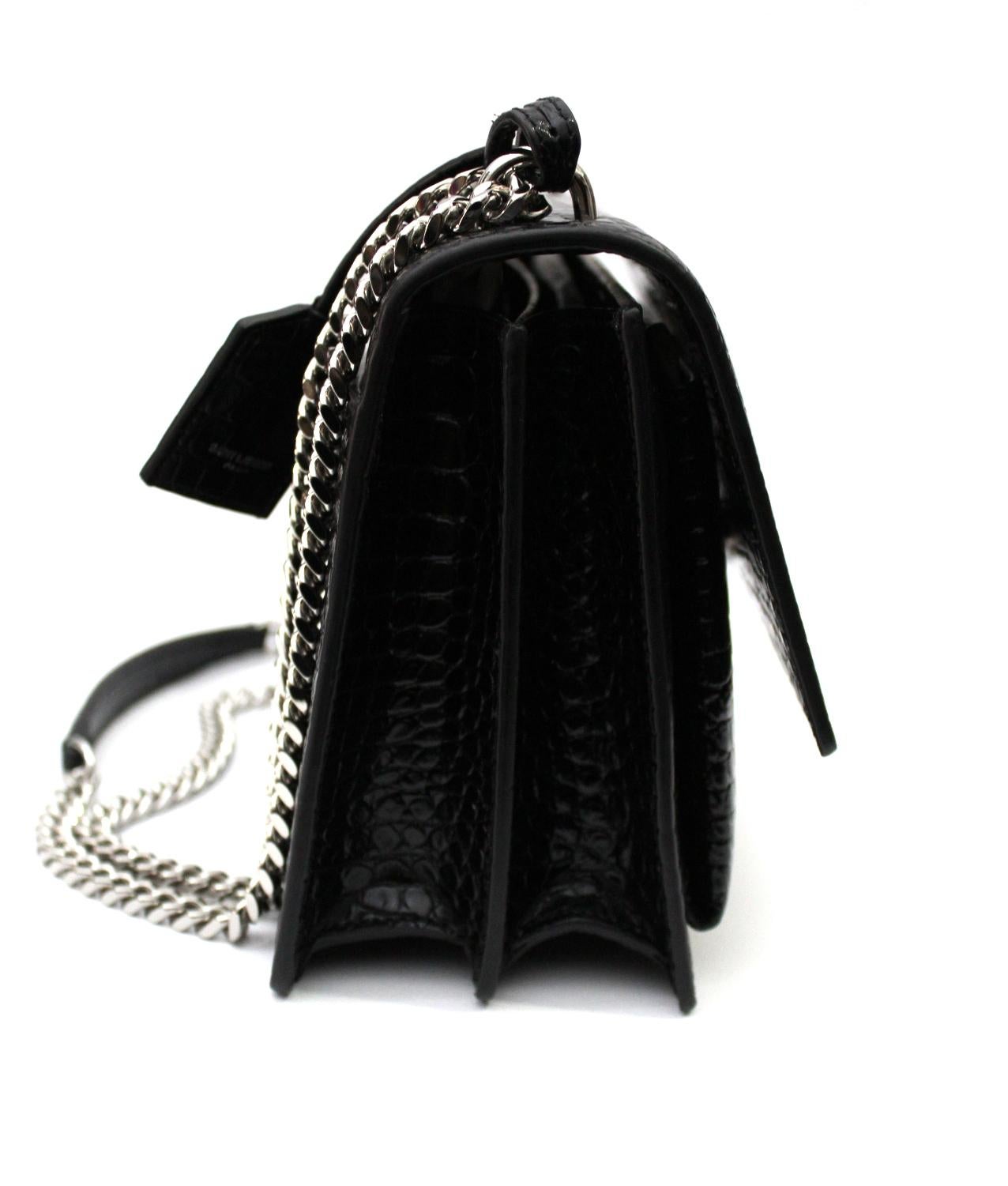 Saint Laurent Sunset Bag Black Leather Crocodile Print 2