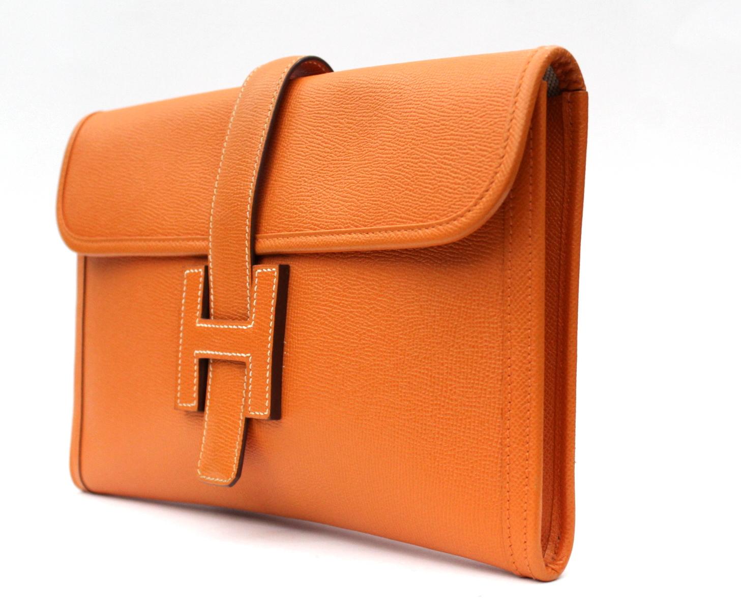Women's or Men's Hermes Clutch Jige Epson Orange Leather 