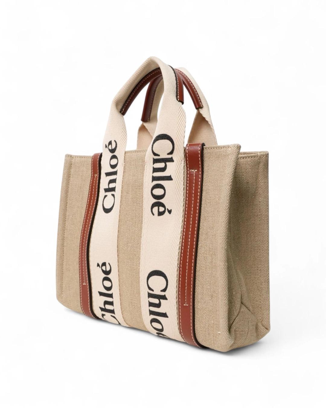 Chloé Tote Woody Small Lino Marrone in vendita 5