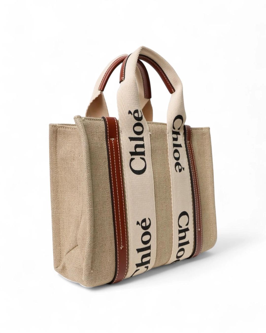 Beige Chloé Tote Woody Small Lino Marrone in vendita