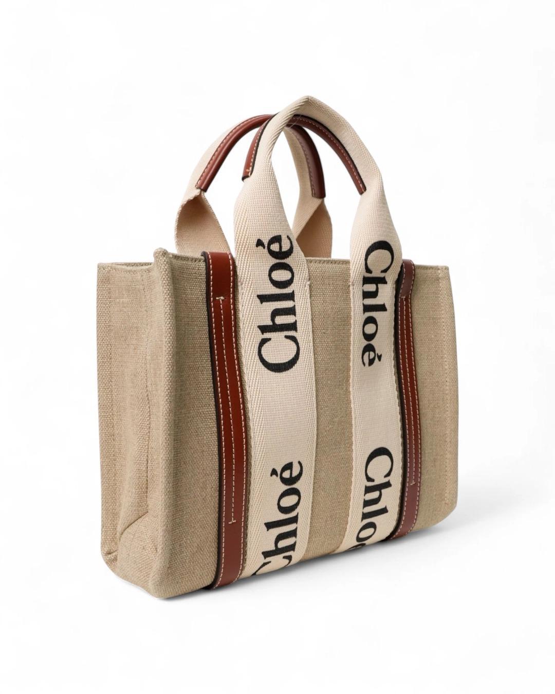 Chloé Tote Woody Small Lino Marrone in vendita 4