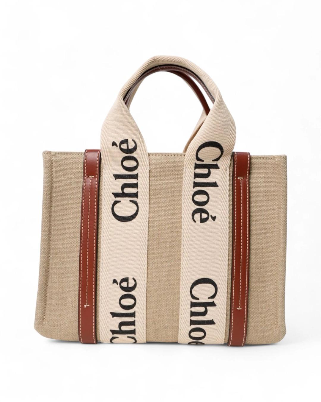 Chloé Tote Woody Small Lino Marrone in vendita 6